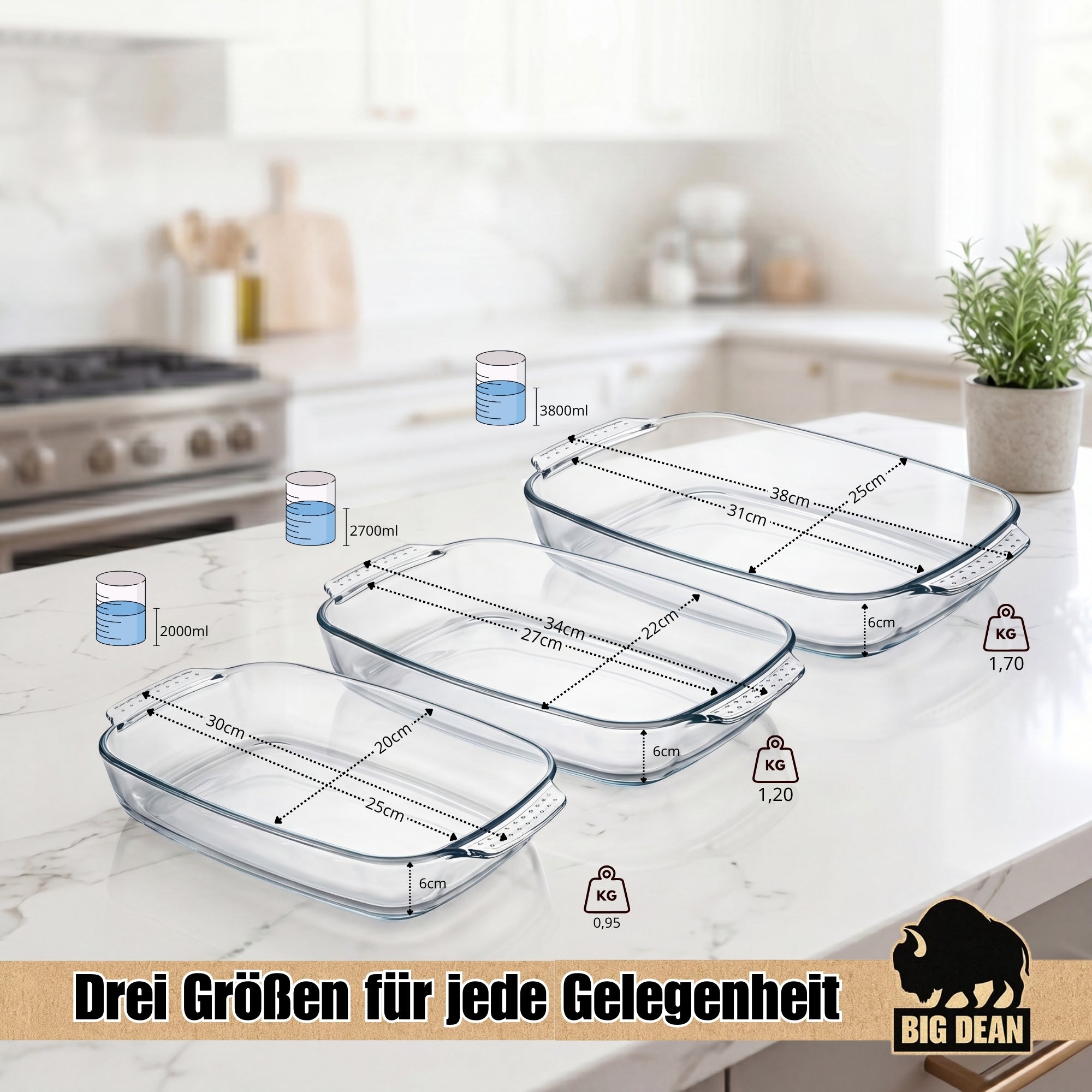 BigDean Küche Auflaufformen Glas Borosilikat 3er Set Ofenformen
