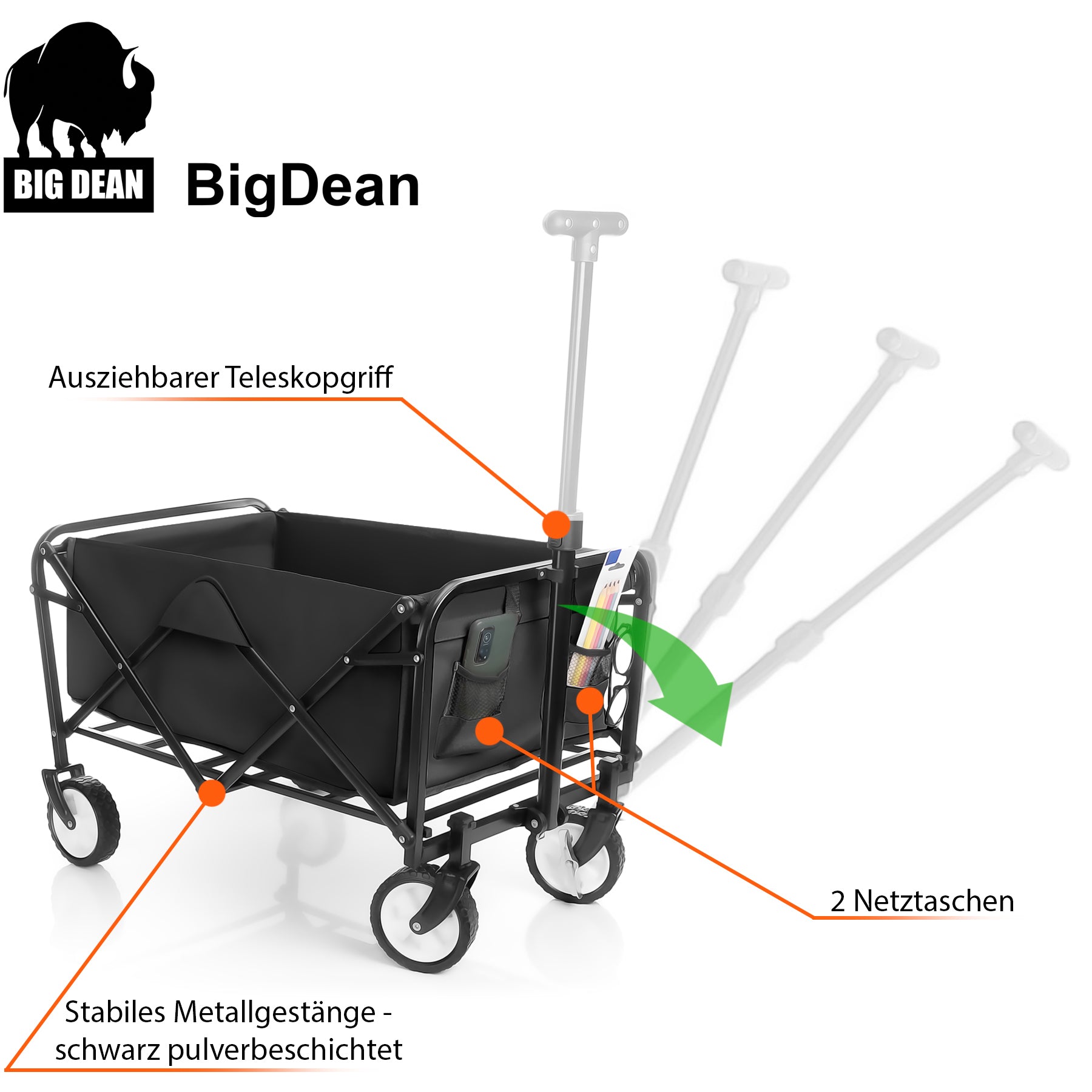 BigDean Garten Bollerwagen faltbar schwarz 80kg belastbar