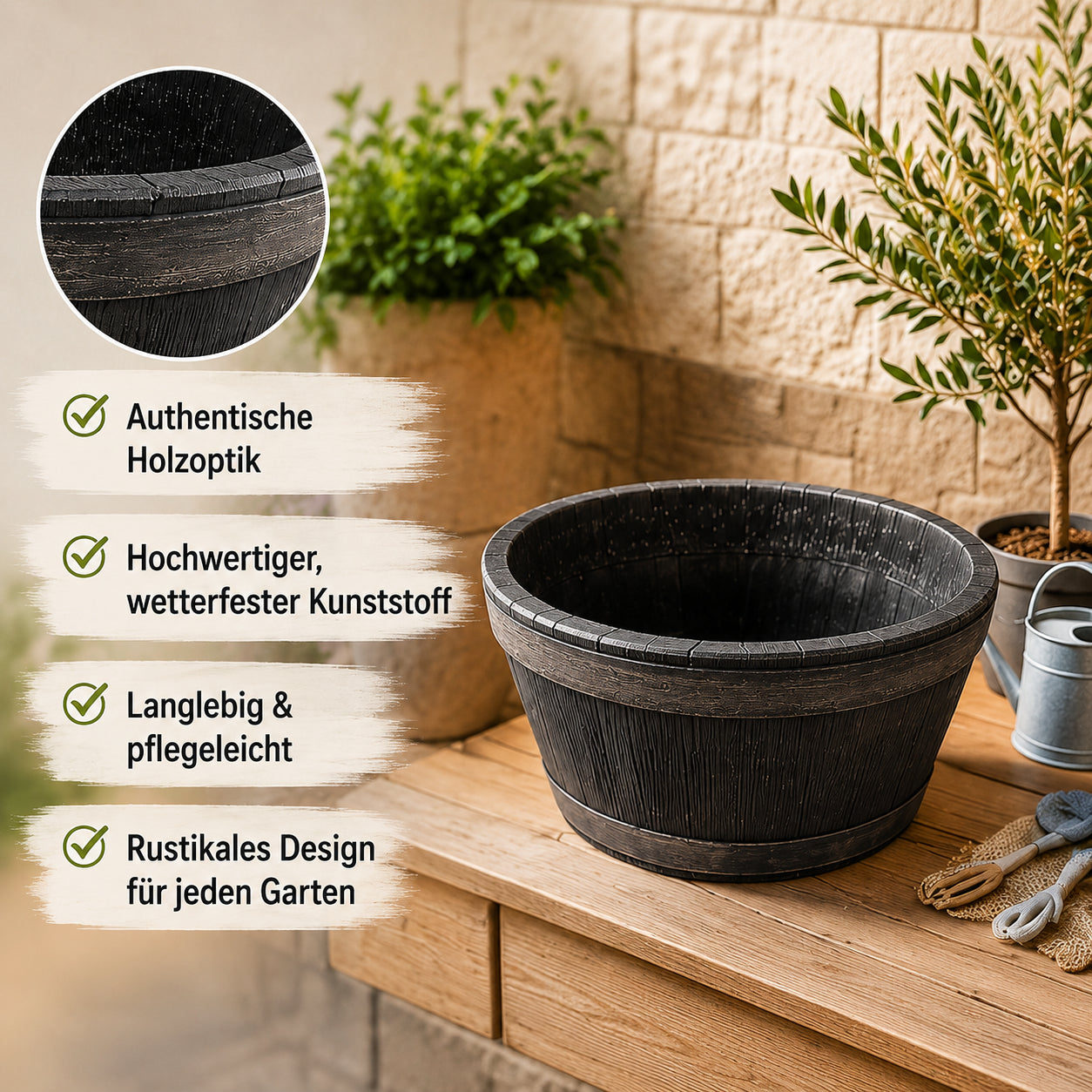 BigDean Garten Weinfass Kunststoff 38 L Holzoptik Trog