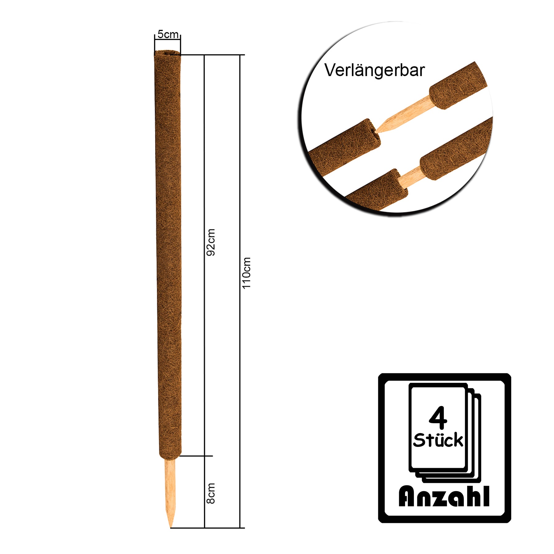 BigDean Pflanzstäbe Kokos 110cm 4er Set Rankhilfe Moosstäbe