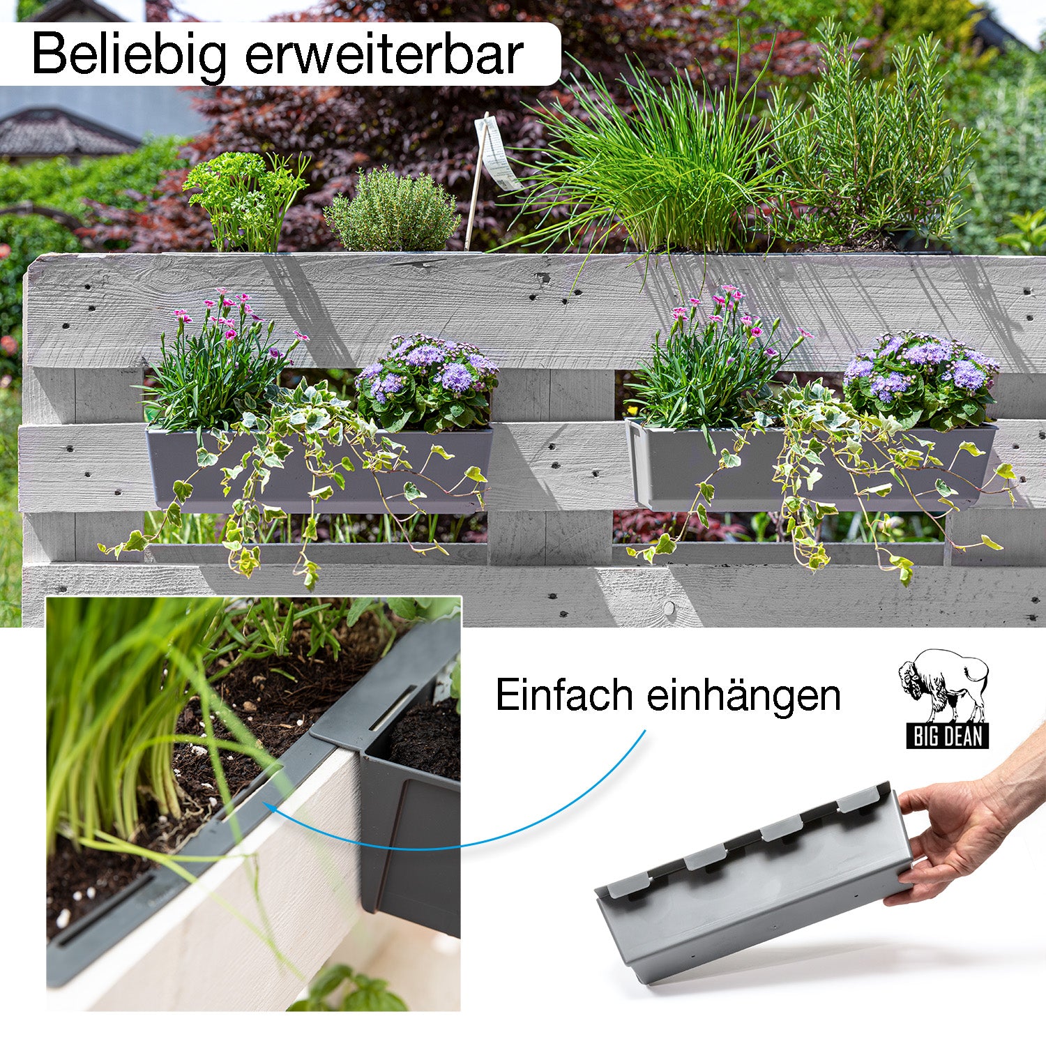 BigDean Garten Paletten Blumenkästen 37cm Beton-Grau 10er Set