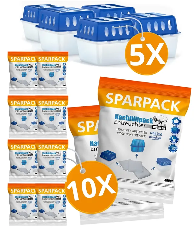 BigDean Bad Luftentfeuchter nachfüllbar ohne Strom 5er + 10x 400g