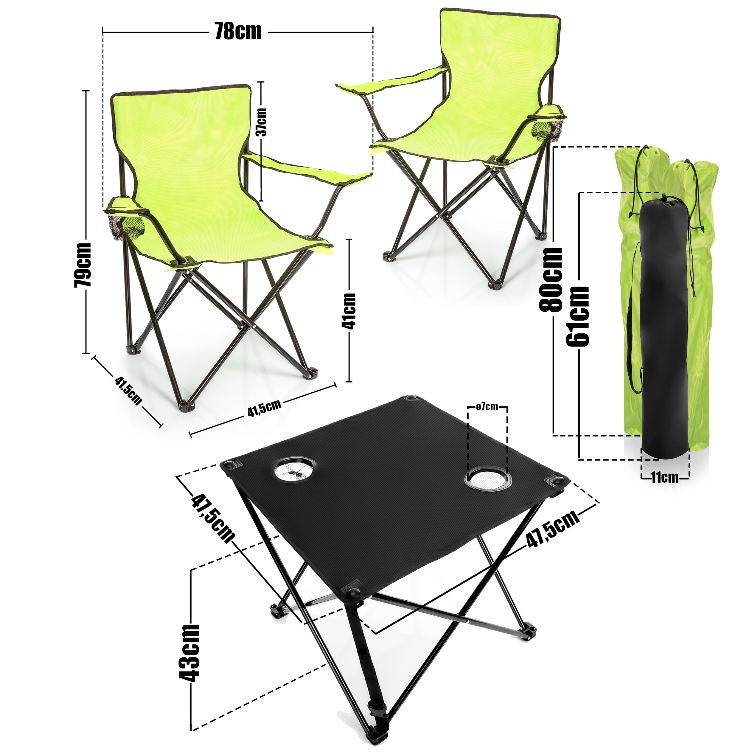 BigDean Campingstuhl mit Campingtisch faltbar grün 2er