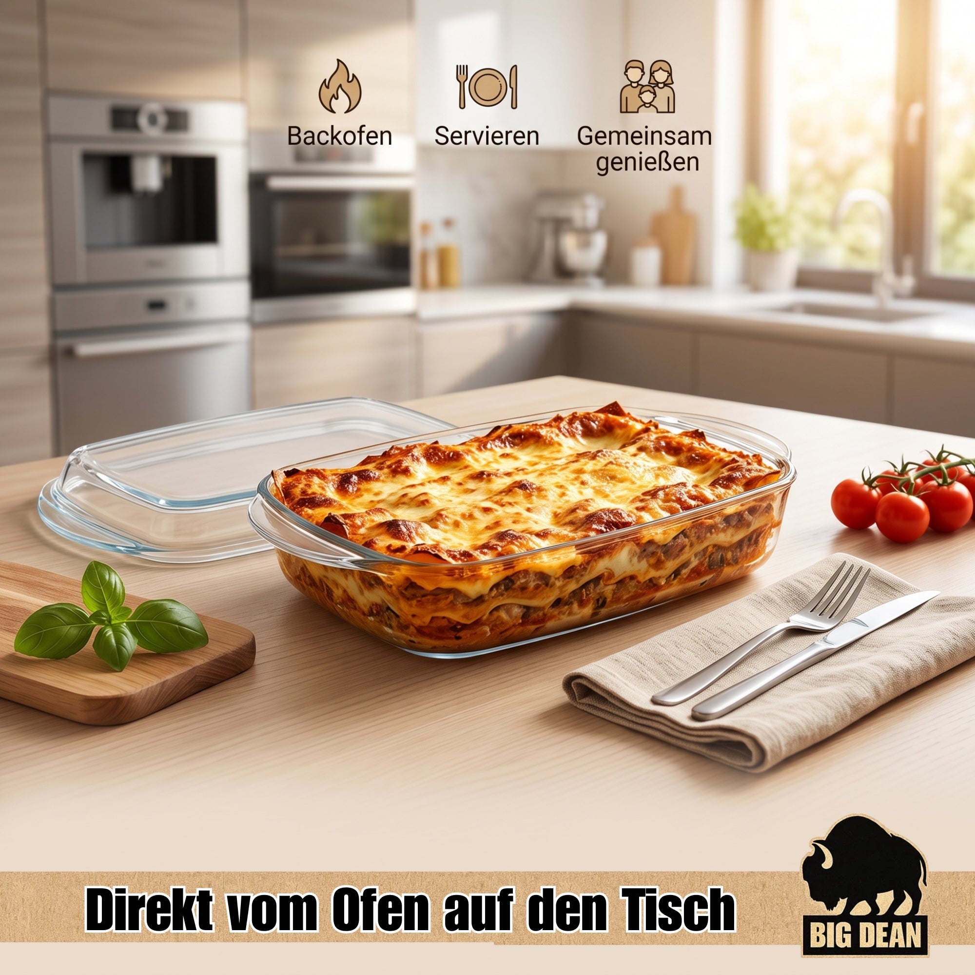 BigDean Auflaufform mit Deckel 5,8L Glasbräter rechteckig