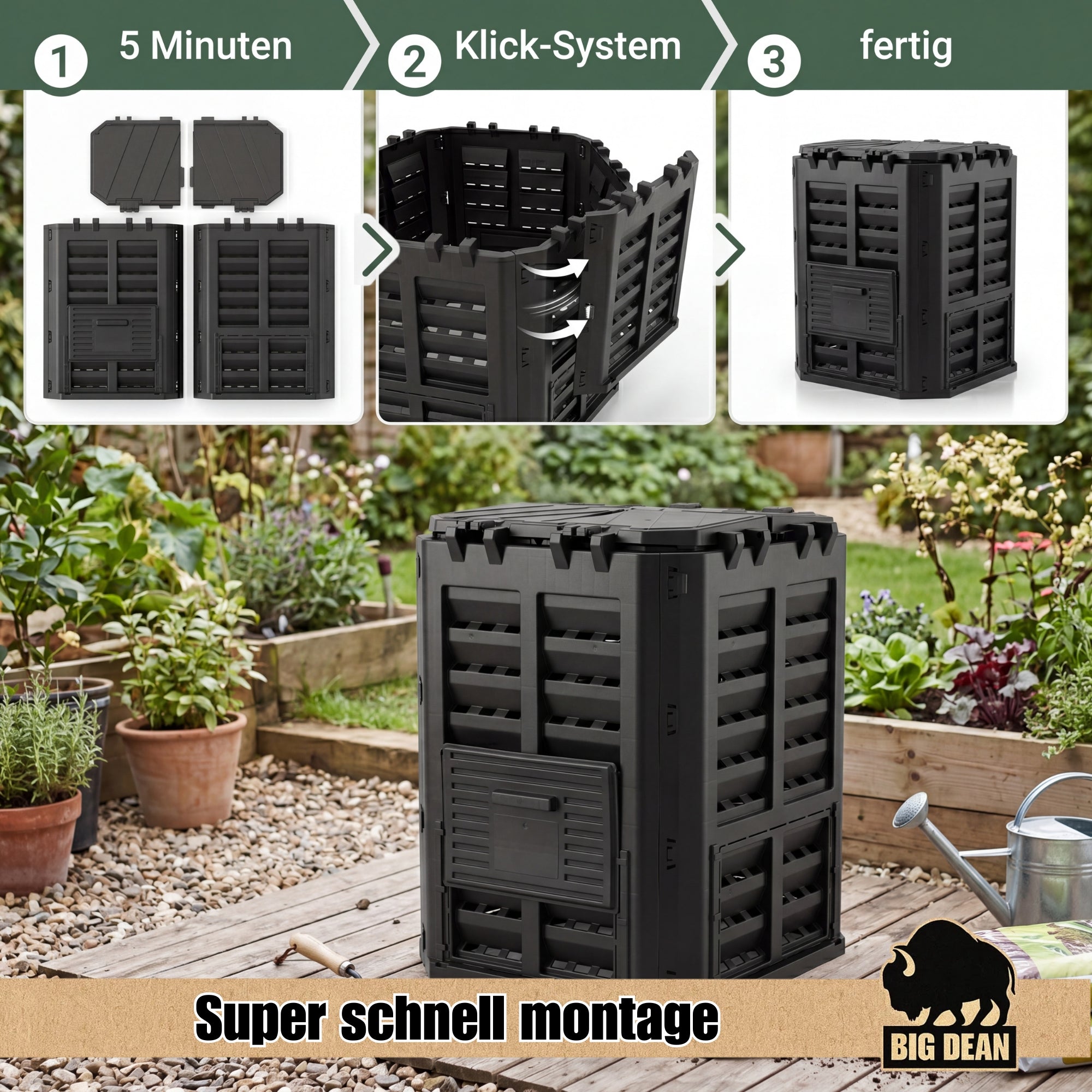 BigDean Garten Komposter 360 Liter schwarz Recyclingkunststoff