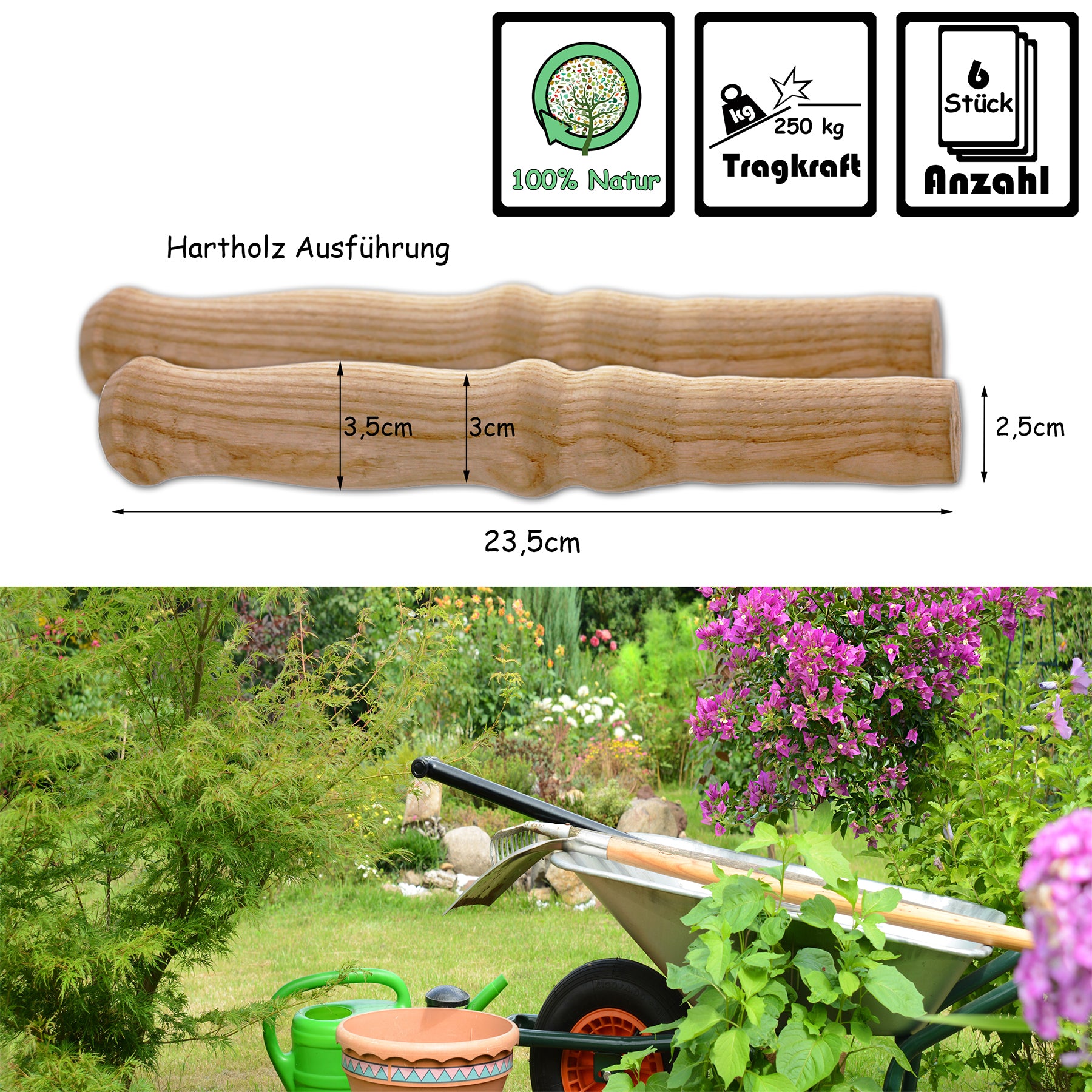 BigDean Holzgriffe XXL 23,5 cm 6 Stück Schubkarre Griff