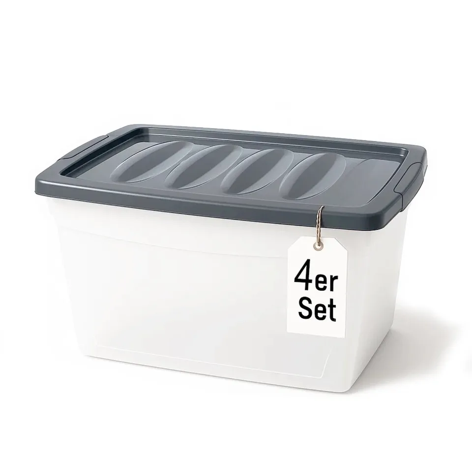 BigDean Budget Line Aufbewahrungsbox 4x 60 L mit Deckel transparent