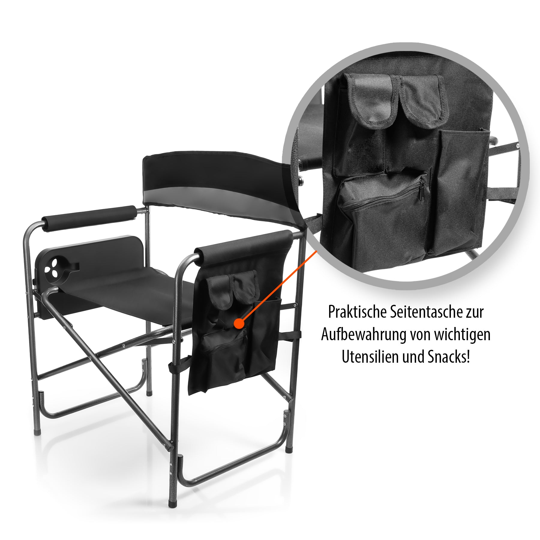 BigDean Campingstuhl 150kg mit Tisch Getränkehalter Grau