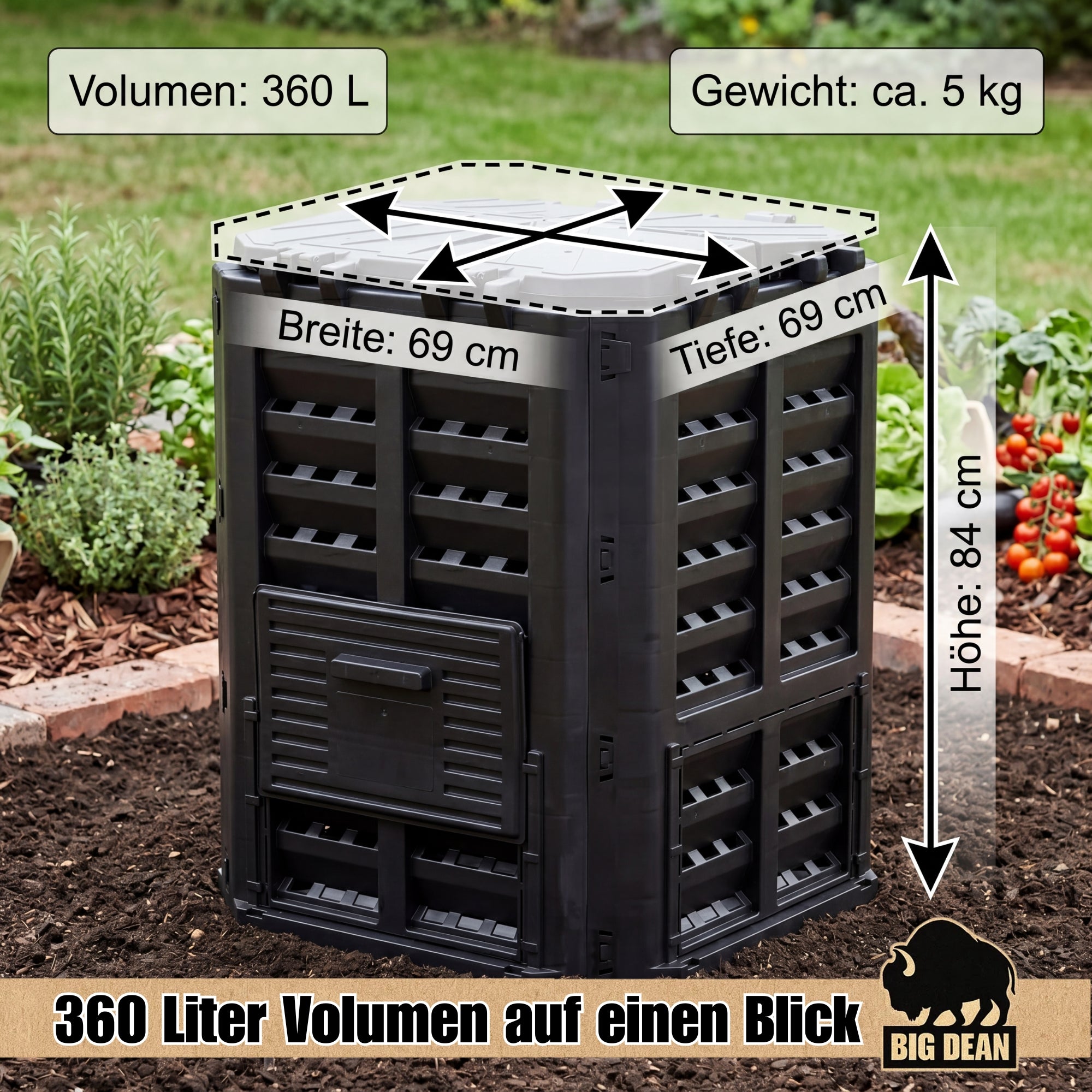 BigDean Garten Komposter 360 Liter schwarz Recyclingkunststoff