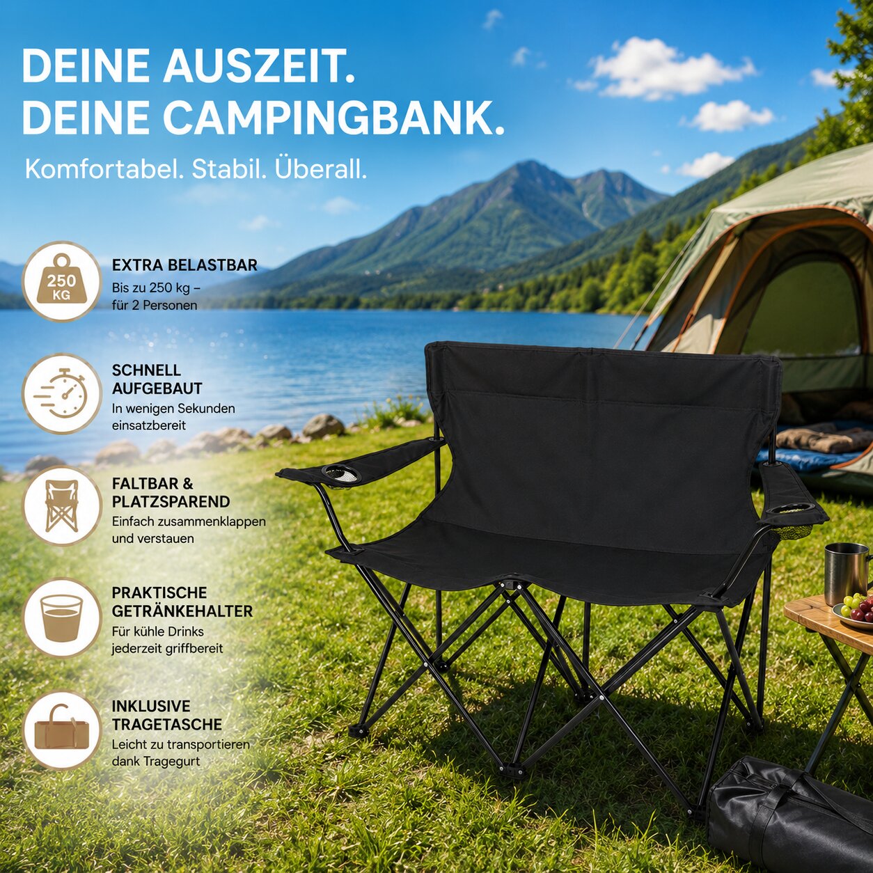 BigDean Garten Camping Sofa 2 Personen Schwarz faltbar