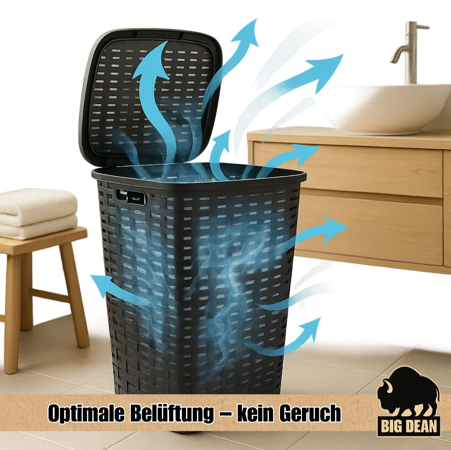 BigDean Haushalt Wäschekorb Deckel XL Rattanoptik Grau