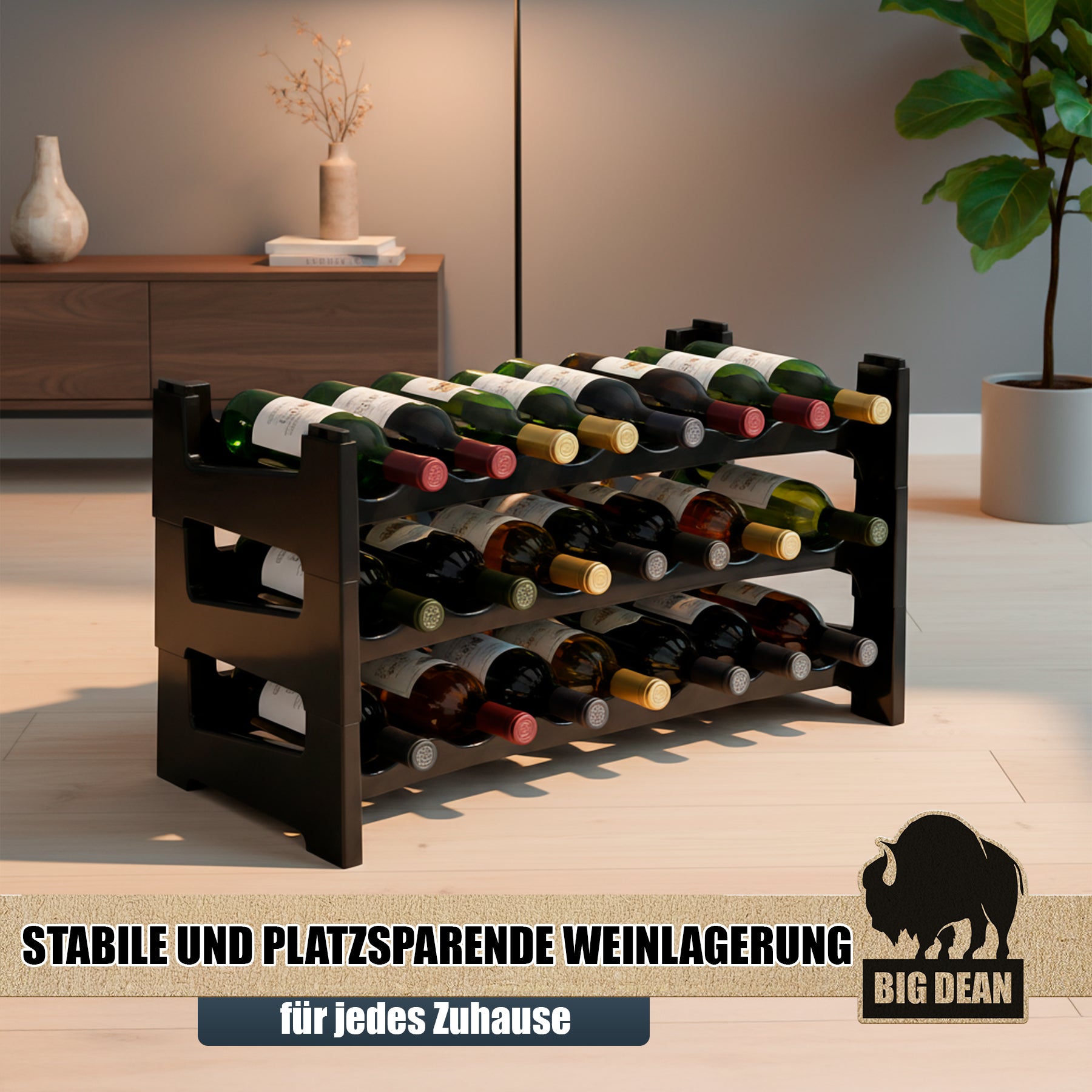 BigDean Küche & Vorrat Flaschenregal 18 Flaschen Schwarz stapelbar