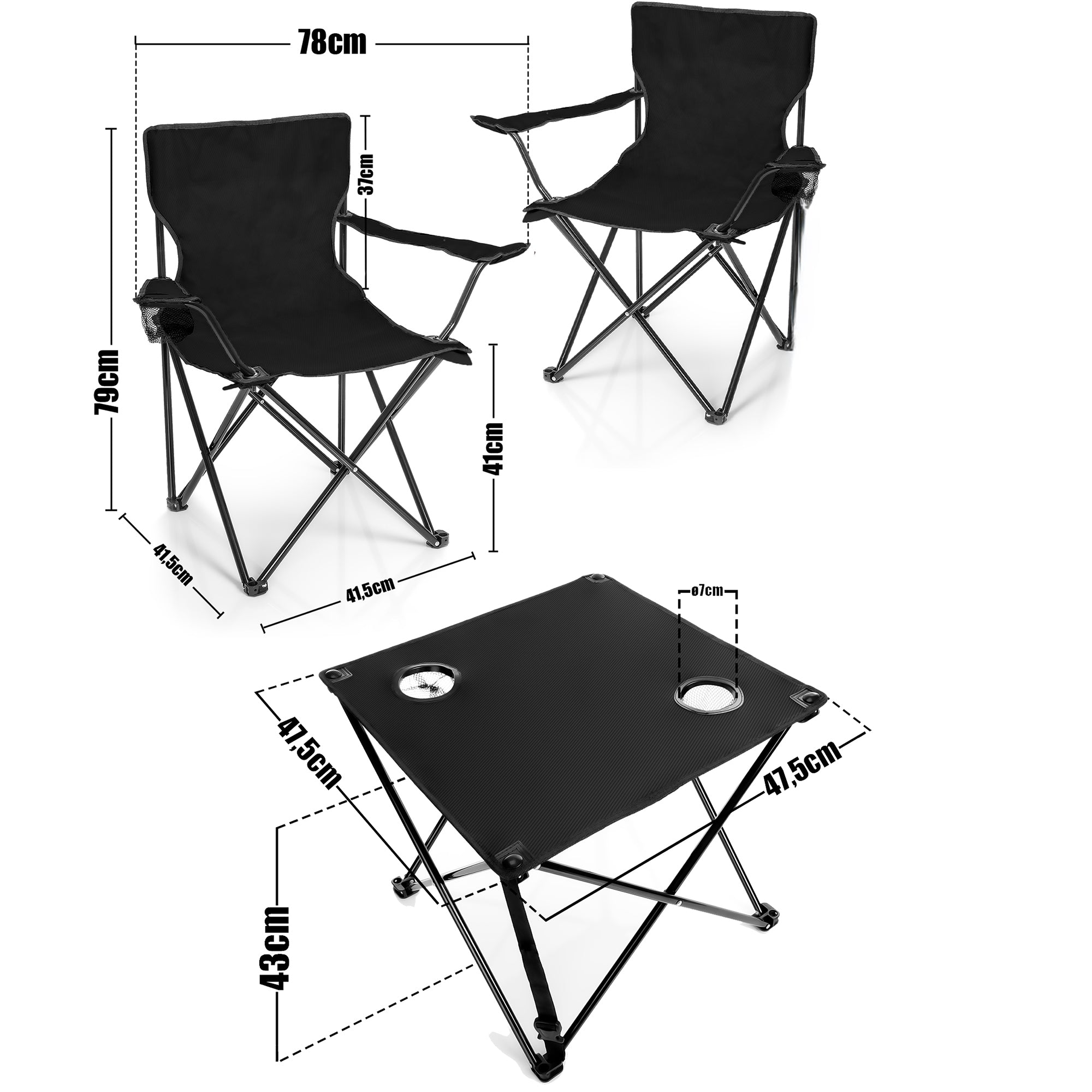 BigDean Campingset Tisch mit Stühlen schwarz 2 Personen faltbar