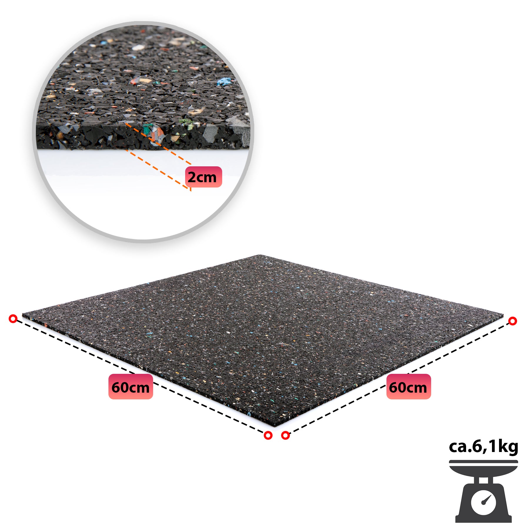 BigDean Antivibrationsmatte 60x60 cm Gummimatte 2cm Schwarz