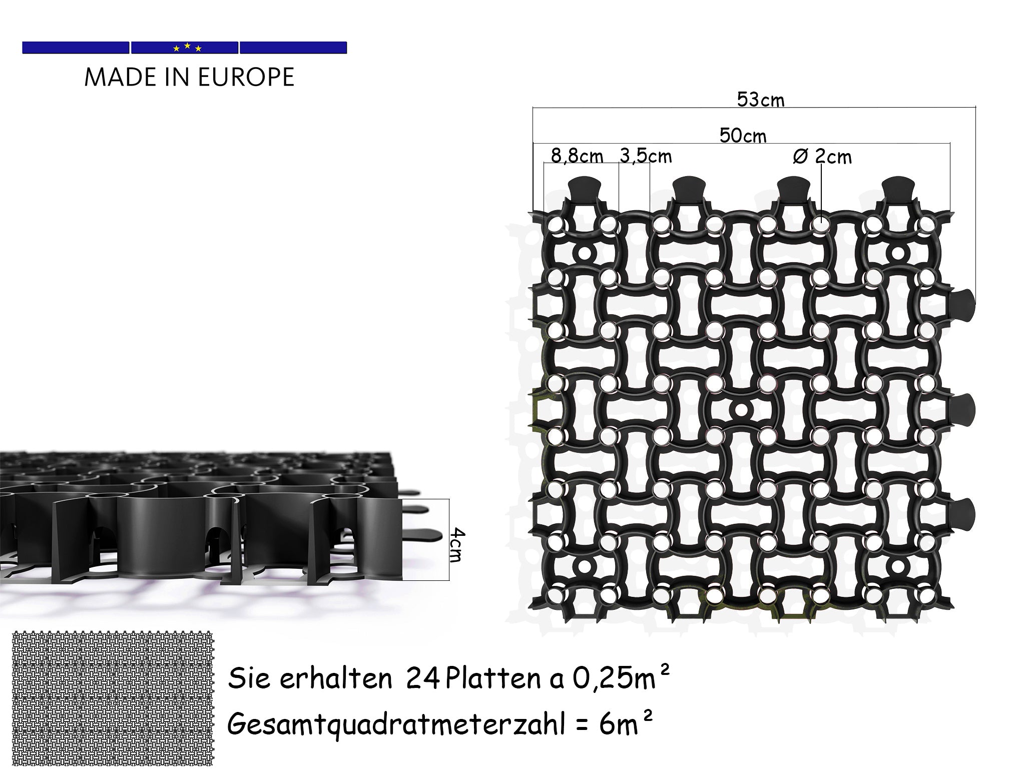 BigDean Küche Rasengitter 50x50 Schwarz 24 Stück 6m² Kunststoff