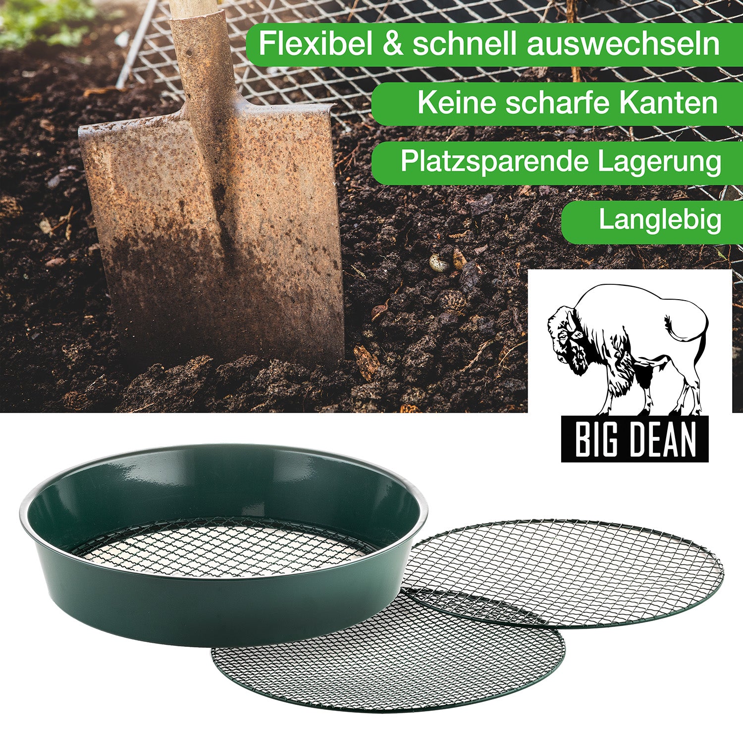BigDean Gartensieb XL Metall Ø37cm 3 Einsätze