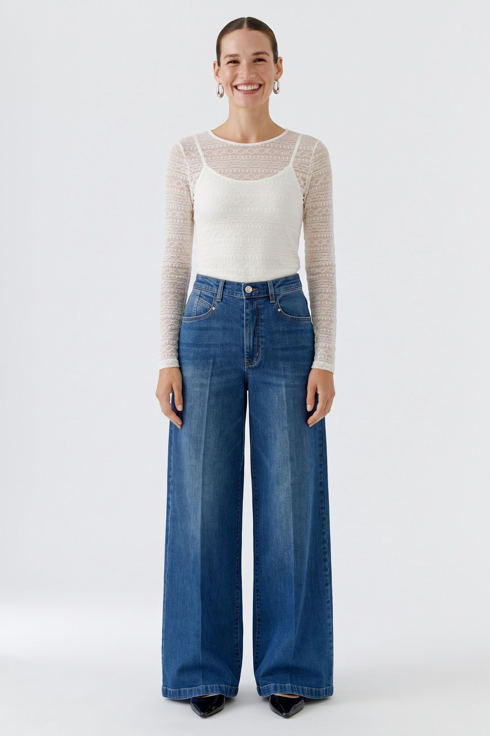 Oui Shirts & Tops Langarmshirt Spitze Gardenia schmal
