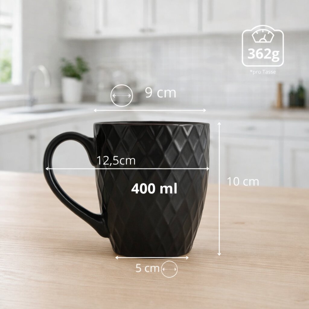 Kaffeetassen Set 6er 400 ml Schwarz Keramik Matt BigDean
