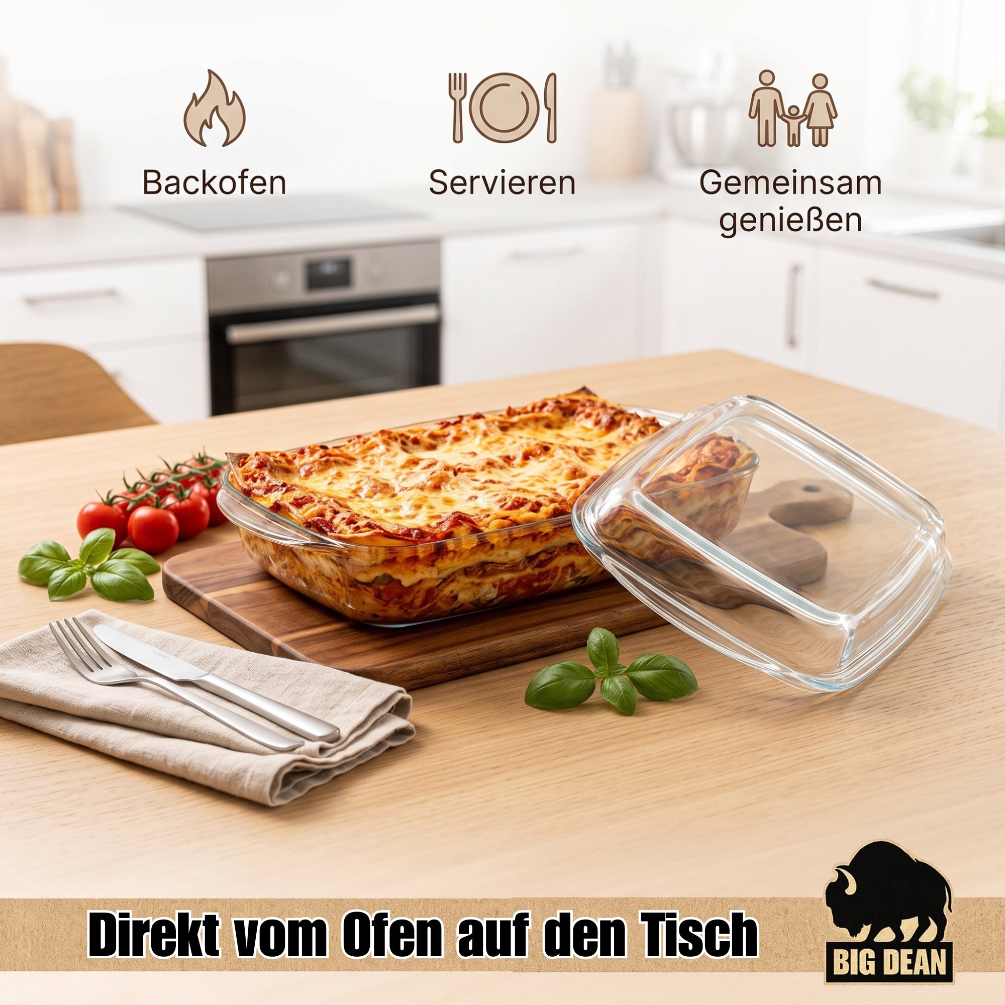 BigDean Küche Auflaufform mit Deckel 3,95 L Glas rechteckig Griffe