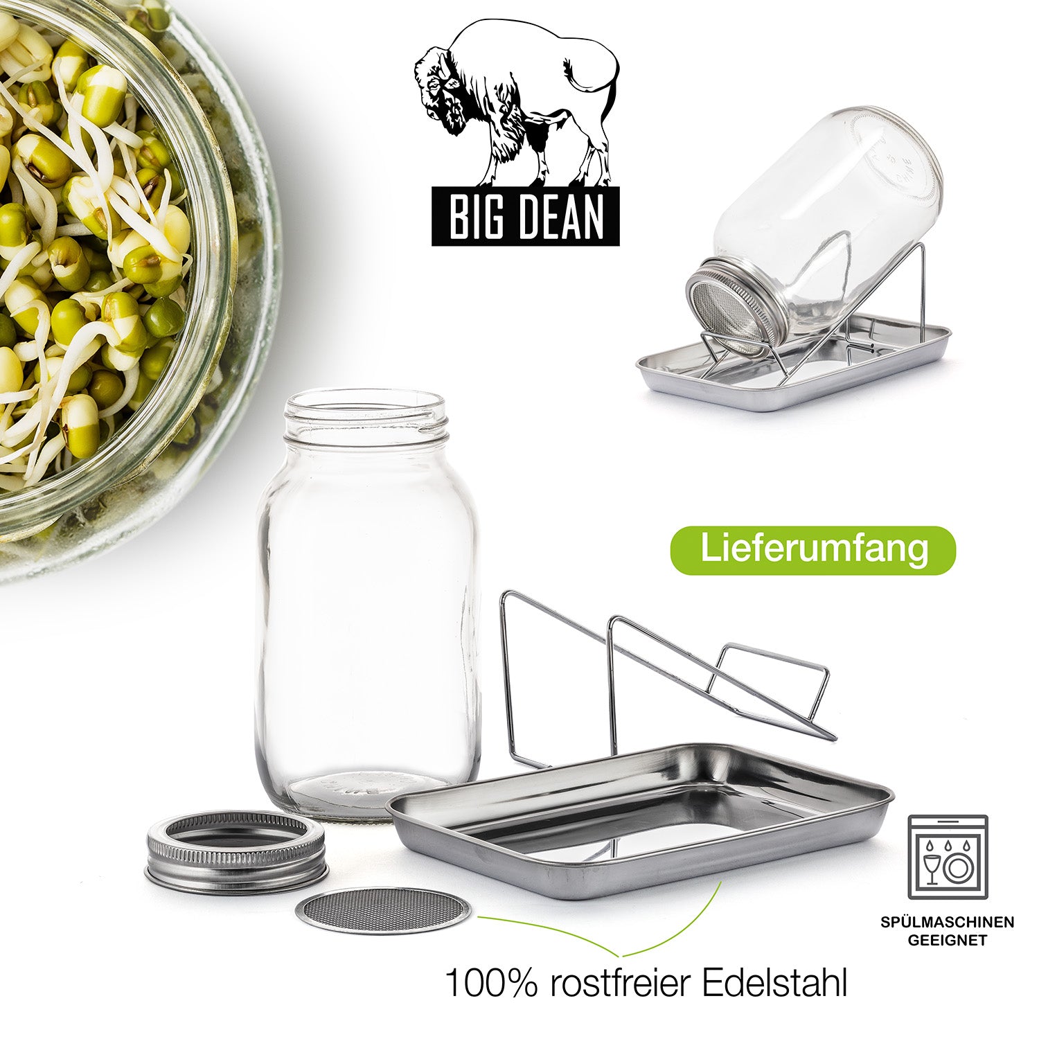 BigDean Sprossenglas Keimglas Set 1000ml mit Ständer