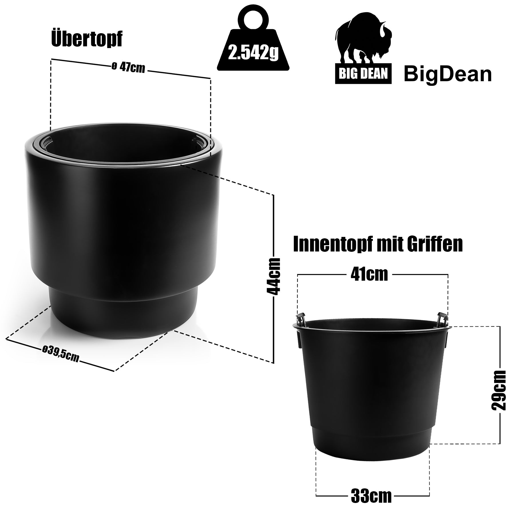 BigDean Garten & Außenbereich Blumentopf ø47 cm Schwarz Einsatz
