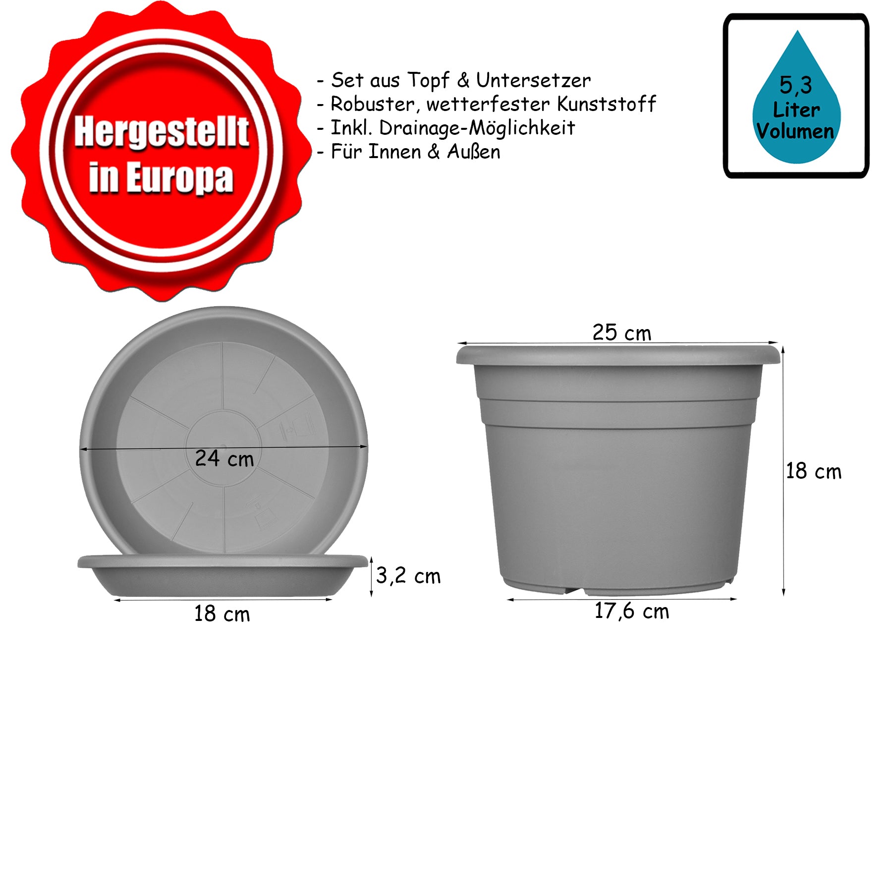 BigDean Blumentopf 25cm Anthrazit 5er Set mit Untersetzer