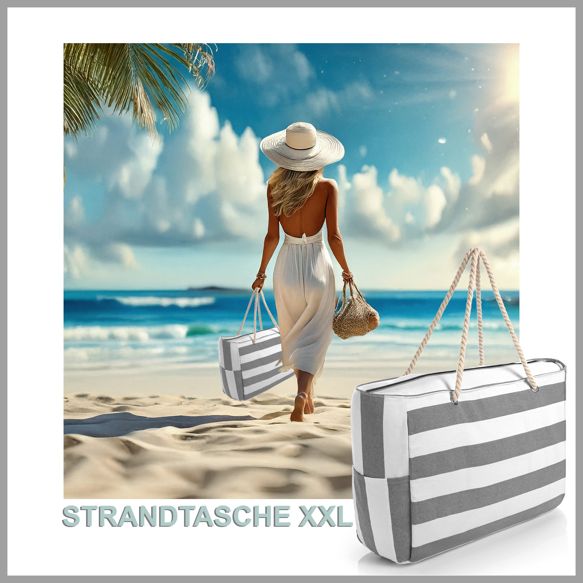 BigDean Strandtasche XXL grau-weiß mit Reißverschluss