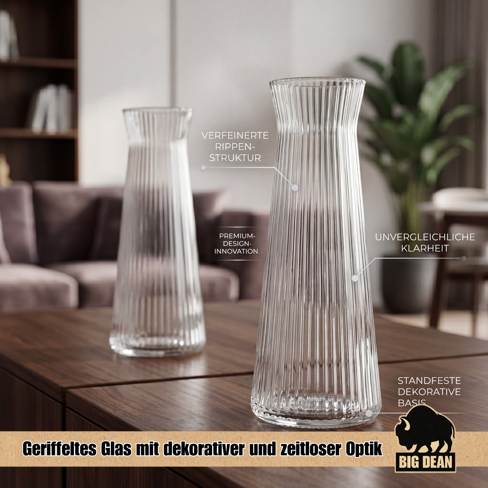 BigDean Haushalt Blumenvasen Glas Riffeldesign 25 cm 2er Set klar