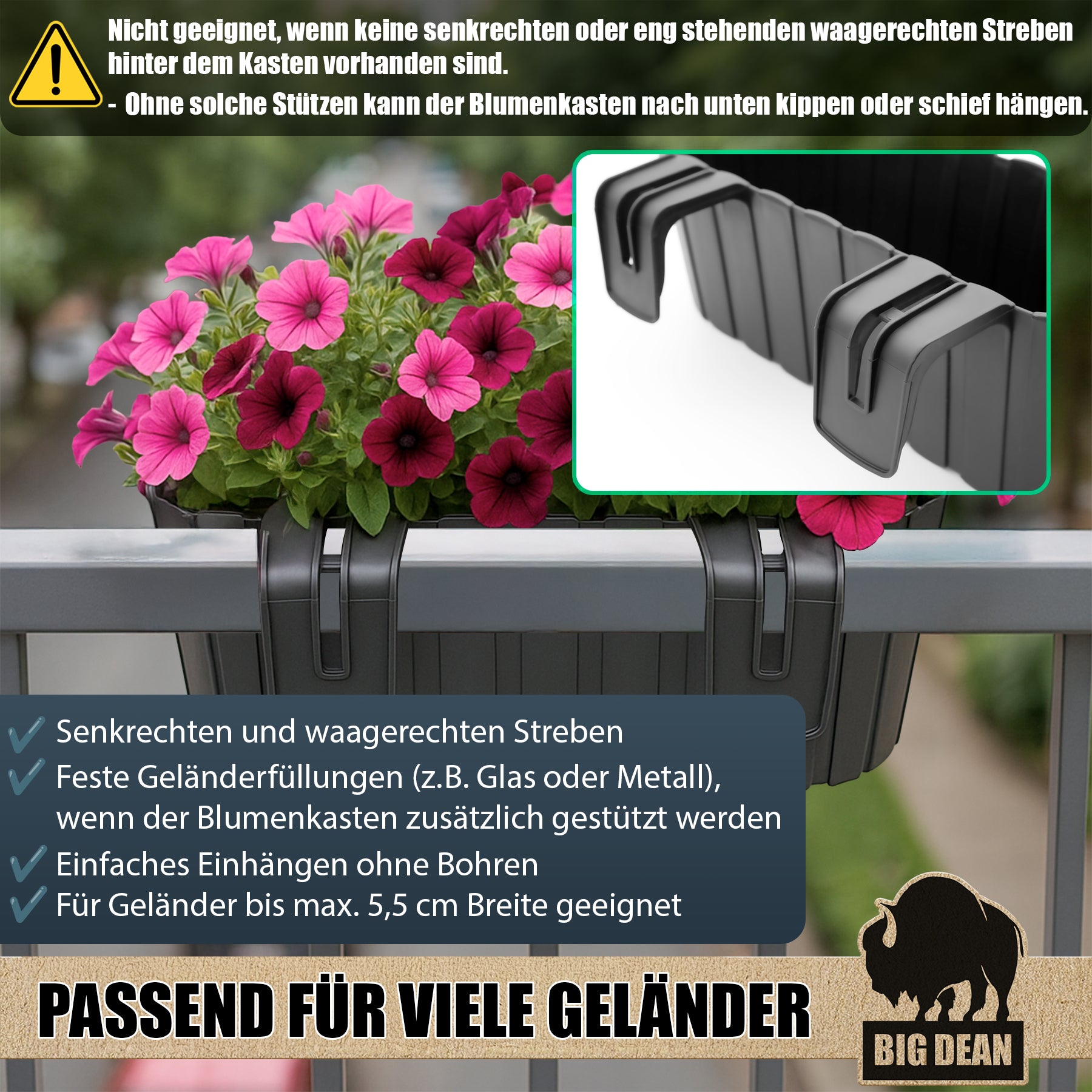BigDean Blumenkasten Balkongeländer 39 cm Anthrazit Geländerkasten
