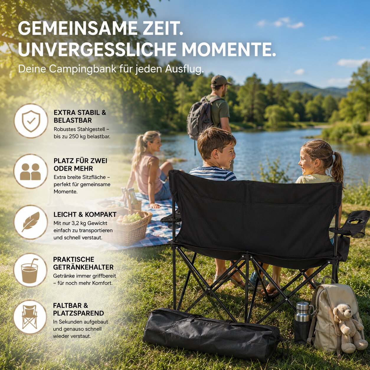 BigDean Garten Camping Sofa 2 Personen Schwarz faltbar