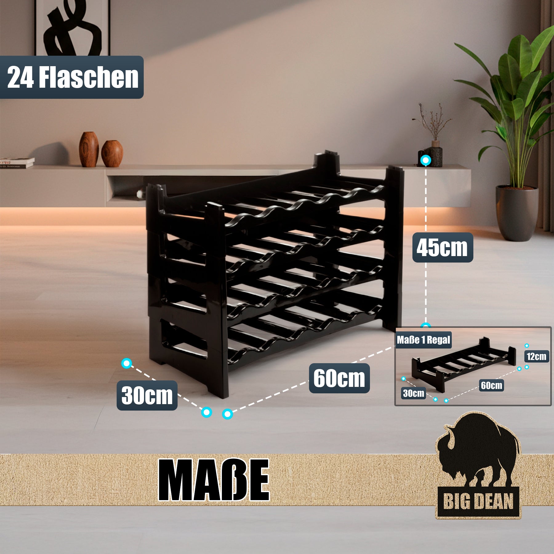 BigDean Flaschenregal 24 Flaschen Kunststoff schwarz stapelbar