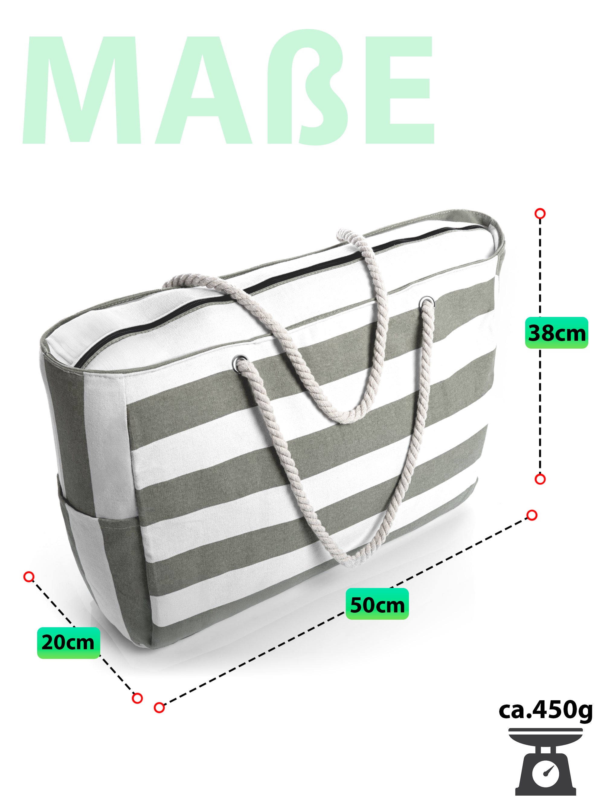 BigDean Strandtasche XXL Badetasche mit Reißverschluss 53x38cm