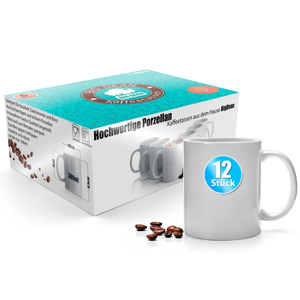 BigDean Kaffeebecher Weiß 300 ml Porzellan 12 Stück Set