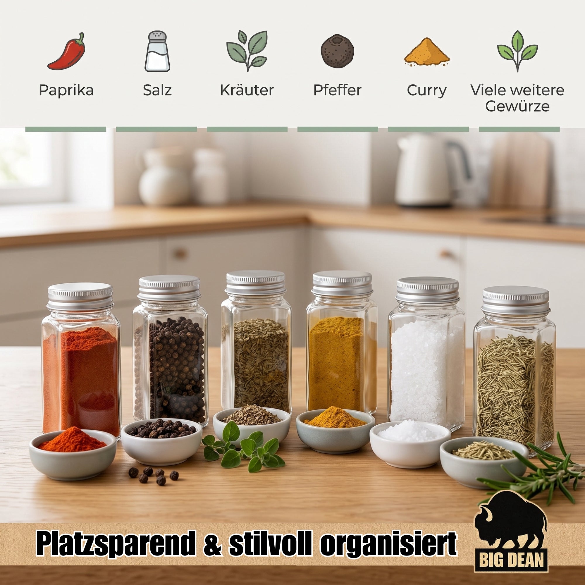BigDean Gewürzgläser eckig luftdicht 24er 100 ml Aludeckel