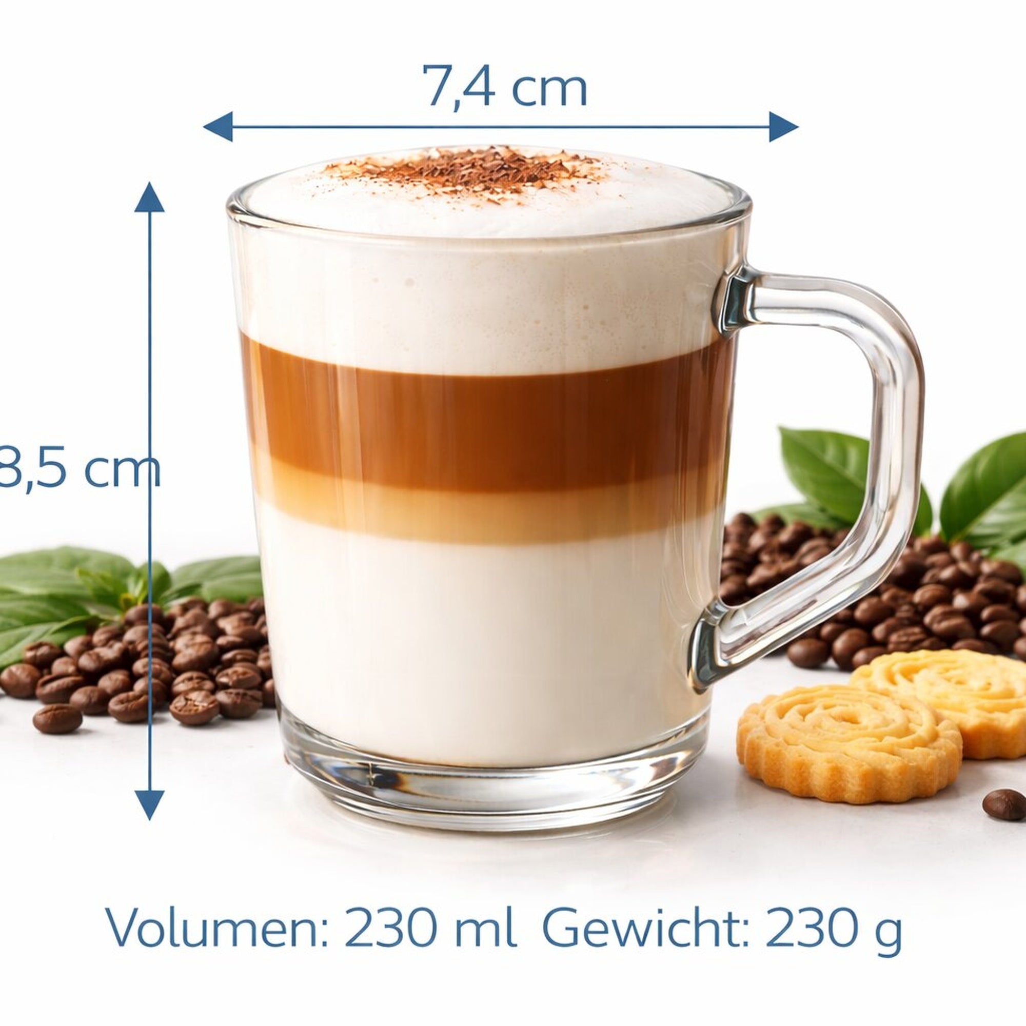 BigDean Latte Macchiato Gläser mit Henkel 230 ml 6er Set klar