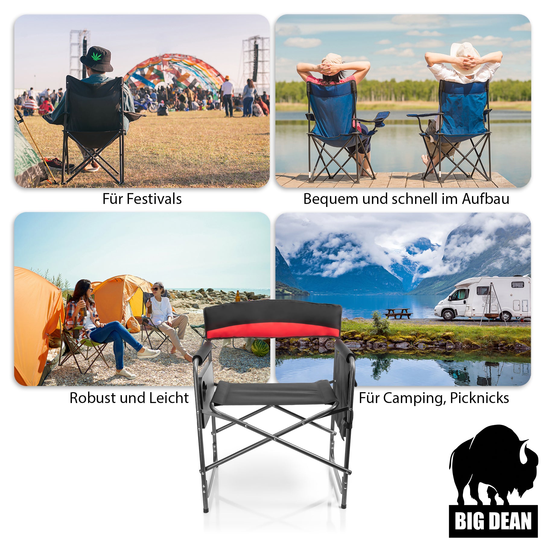 BigDean Garten Campingstuhl 150 kg Schwarz-Rot Klappbar