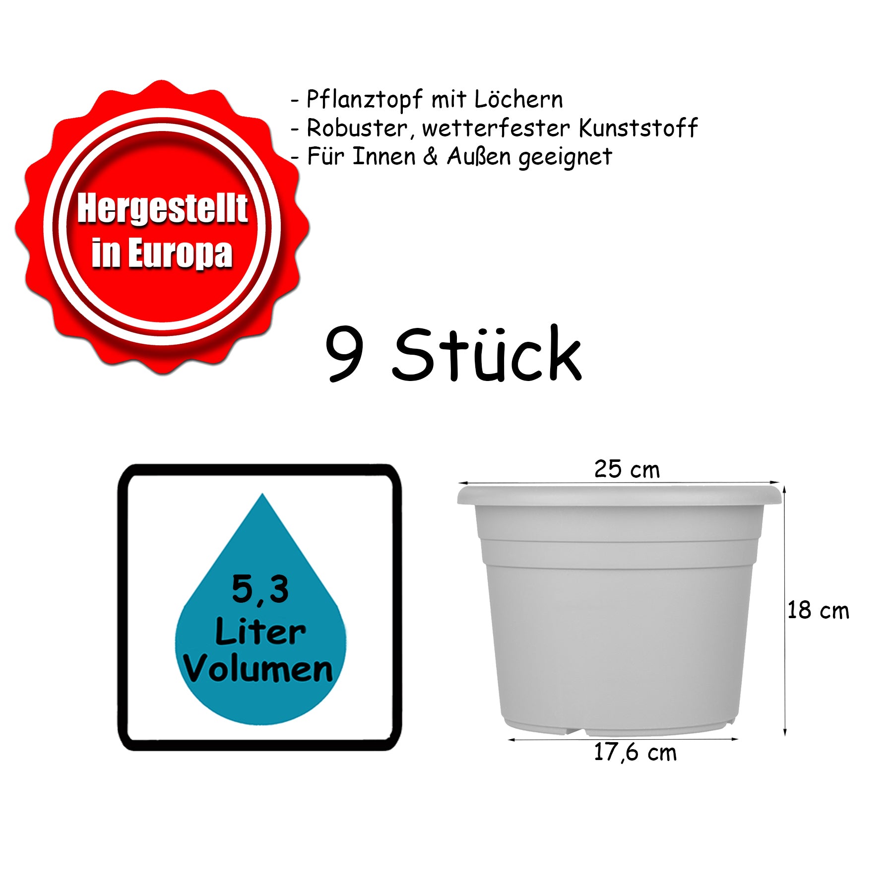 BigDean Garten 9x Blumentopf 25 cm Terrakotta Kunststoff wetterfest