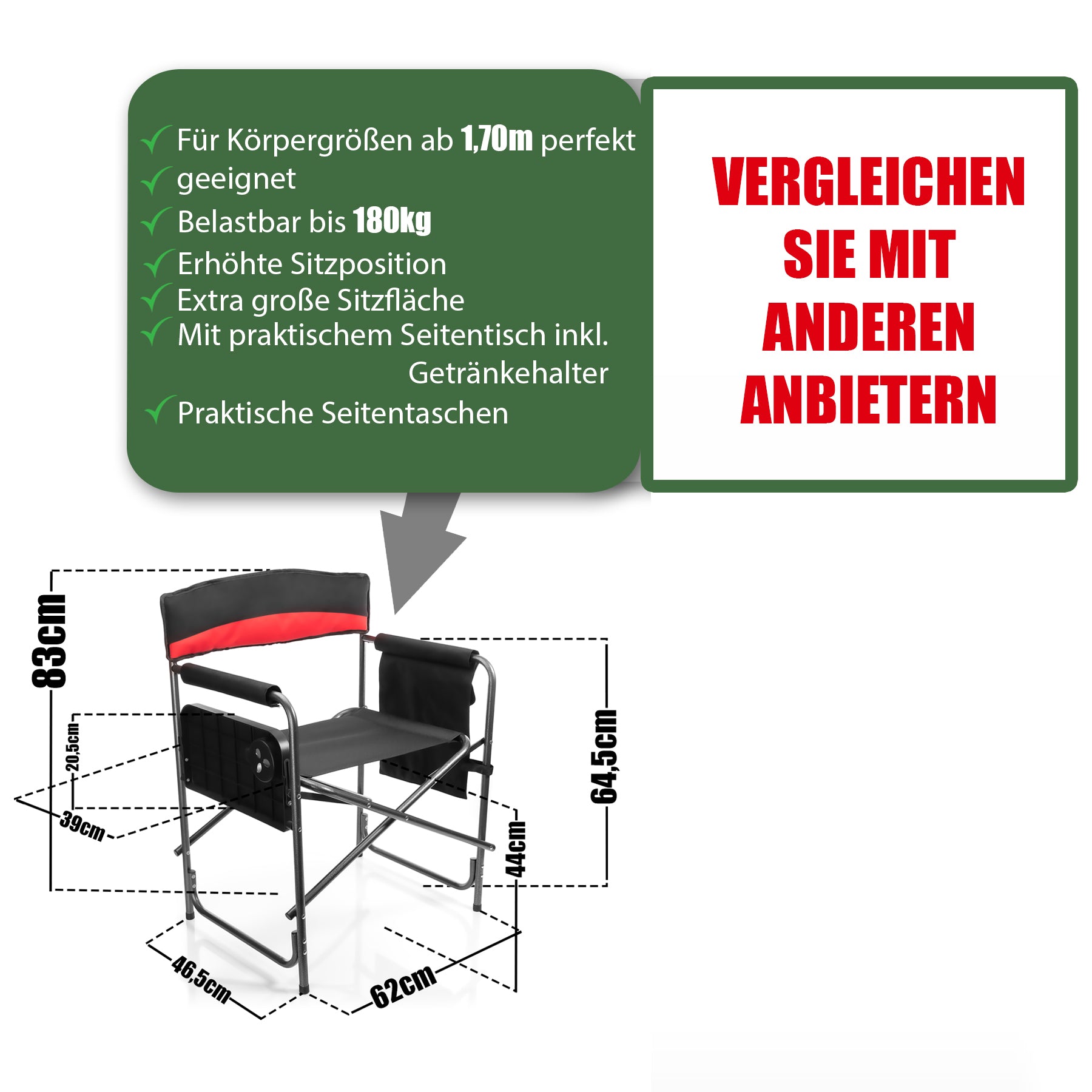 BigDean Garten Campingstuhl 150 kg Schwarz-Rot Klappbar