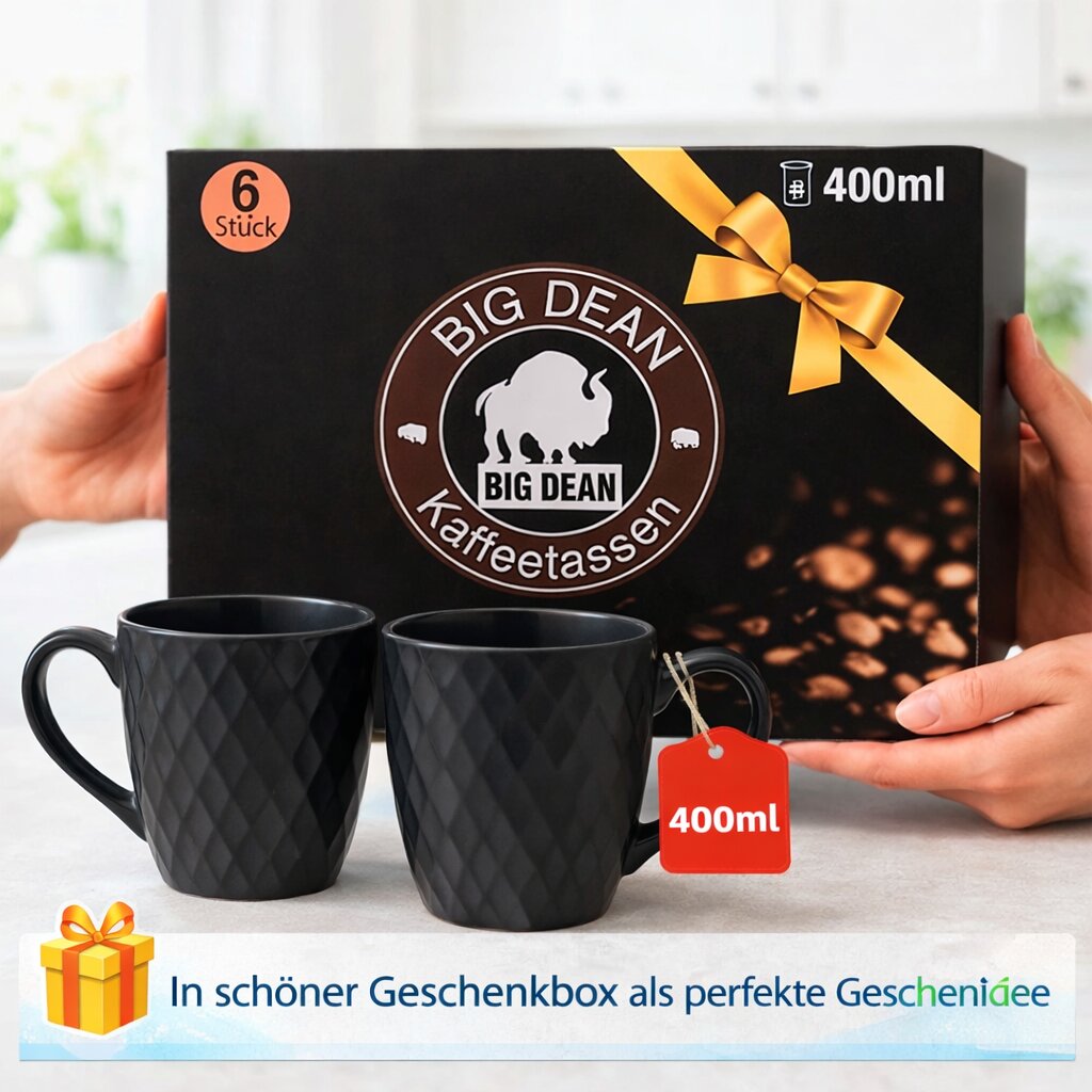 Kaffeetassen Set 6er 400 ml Schwarz Keramik Matt BigDean