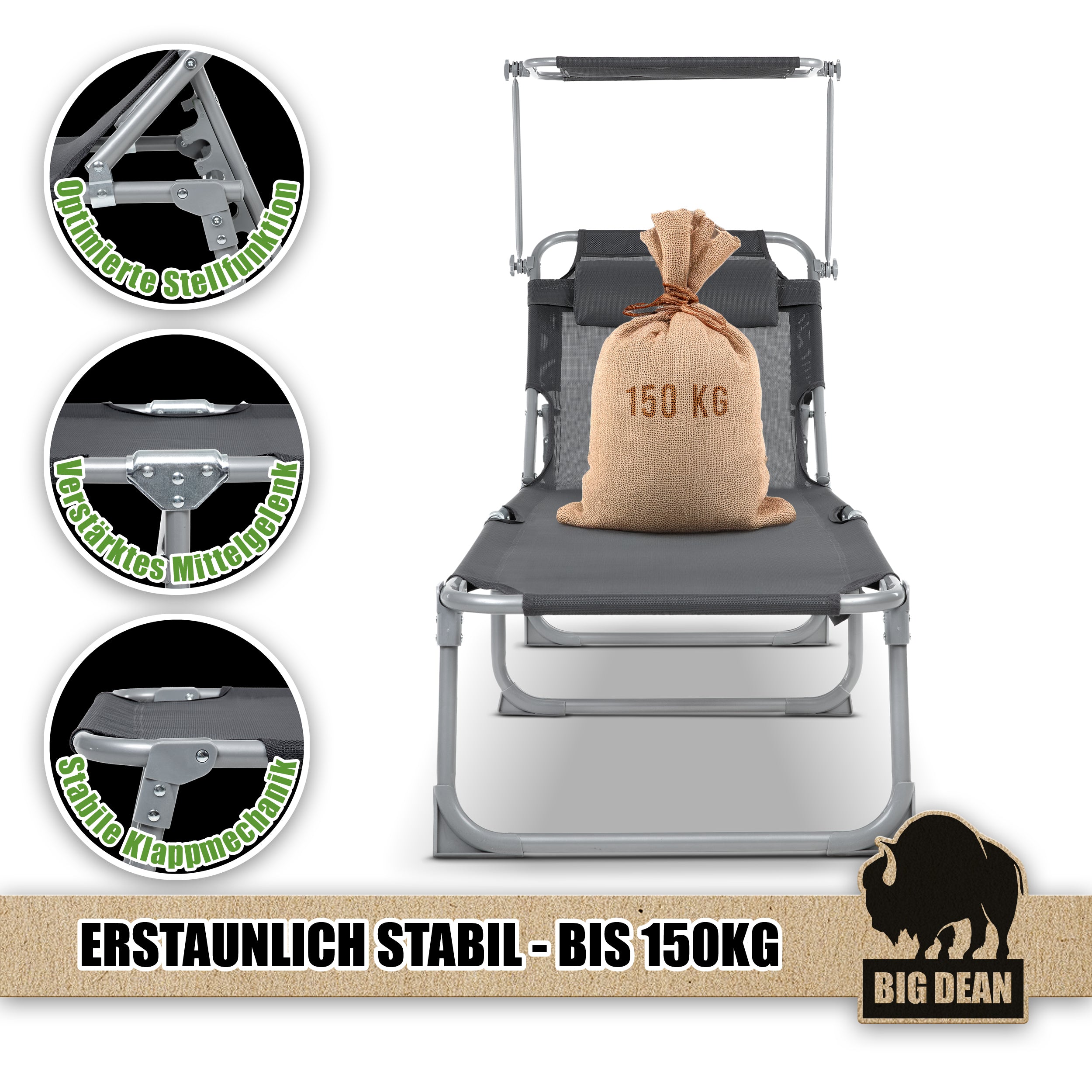 BigDean Garten Sonnenliege klappbar Dach Kissen dunkelgrau 150 kg