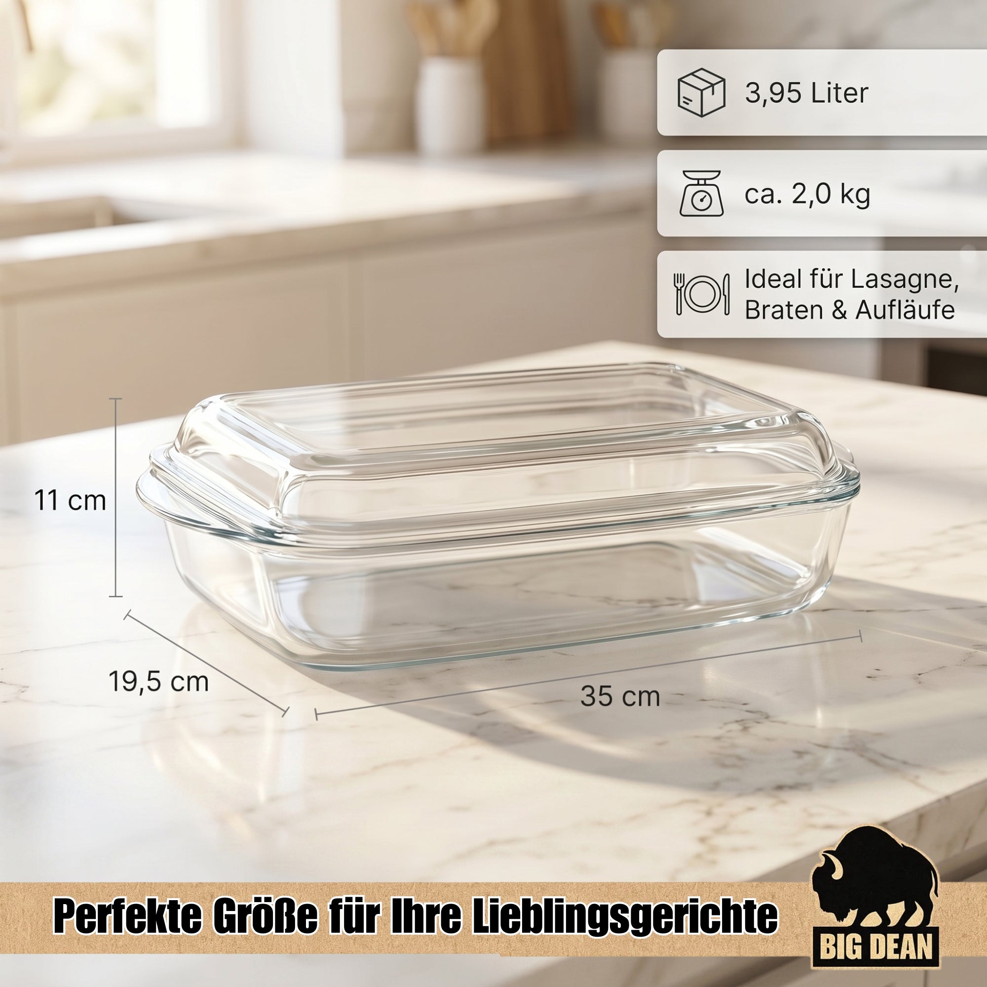 BigDean Küche Auflaufform mit Deckel 3,95 L Glas rechteckig Griffe