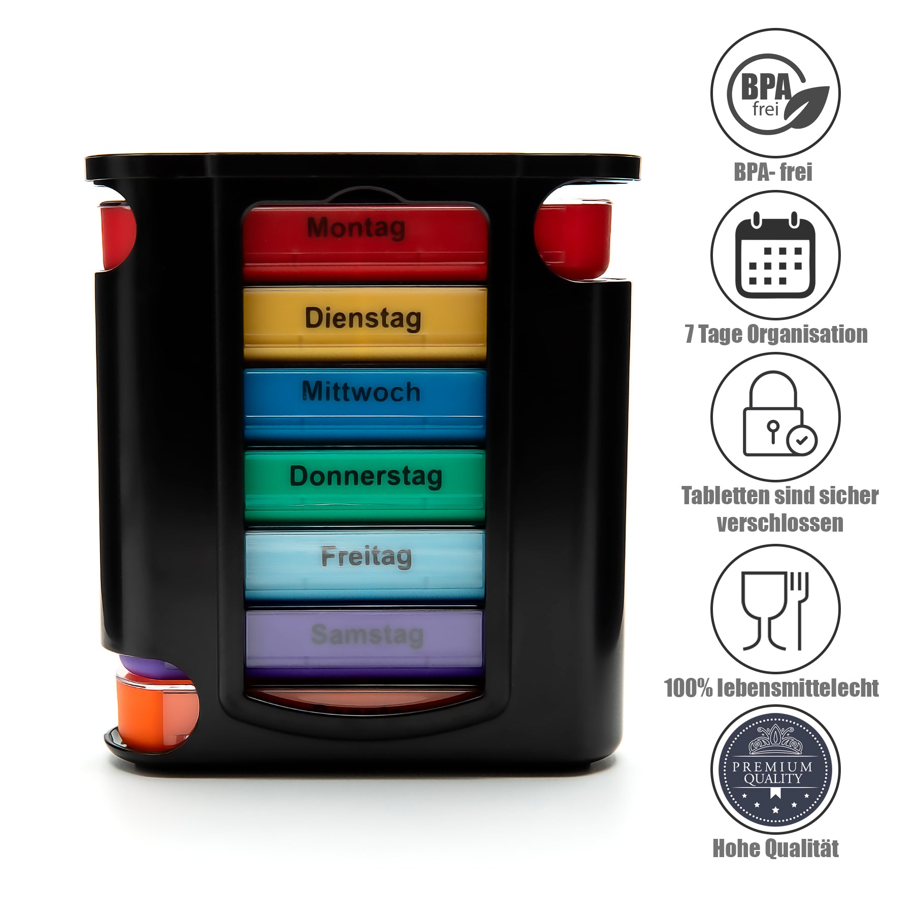 BigDean Tablettenbox 7 Tage Schwarz 3 Stück mit 4 Fächern