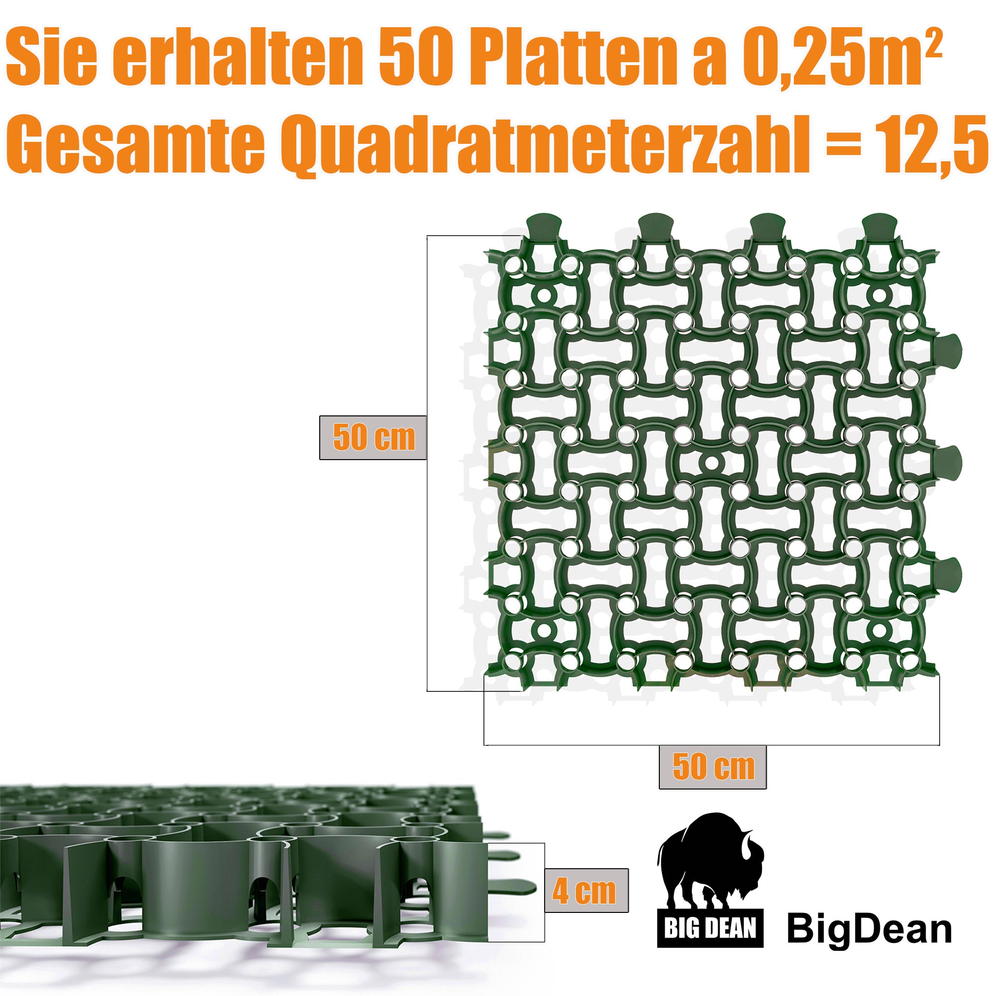 BigDean Küche & Vorrat Rasengitter Kunststoff grün 50 Stück 12,5 m²