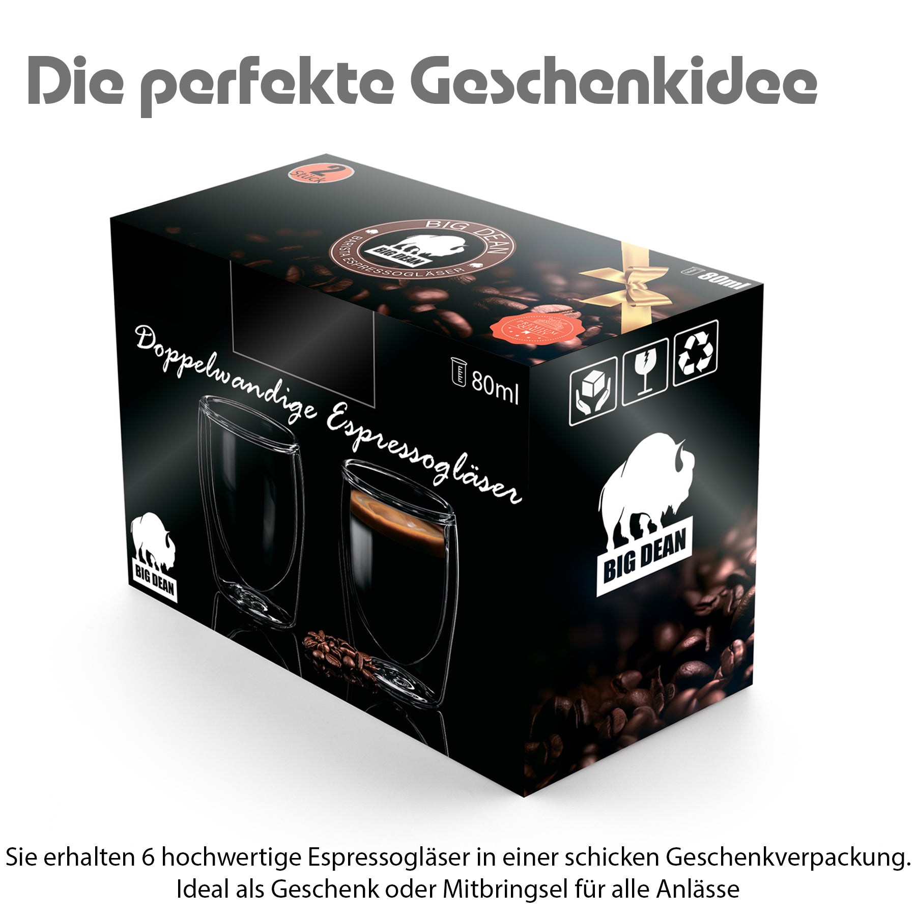 BigDean Espressogläser 80ml doppelwandig 6er Set Glas