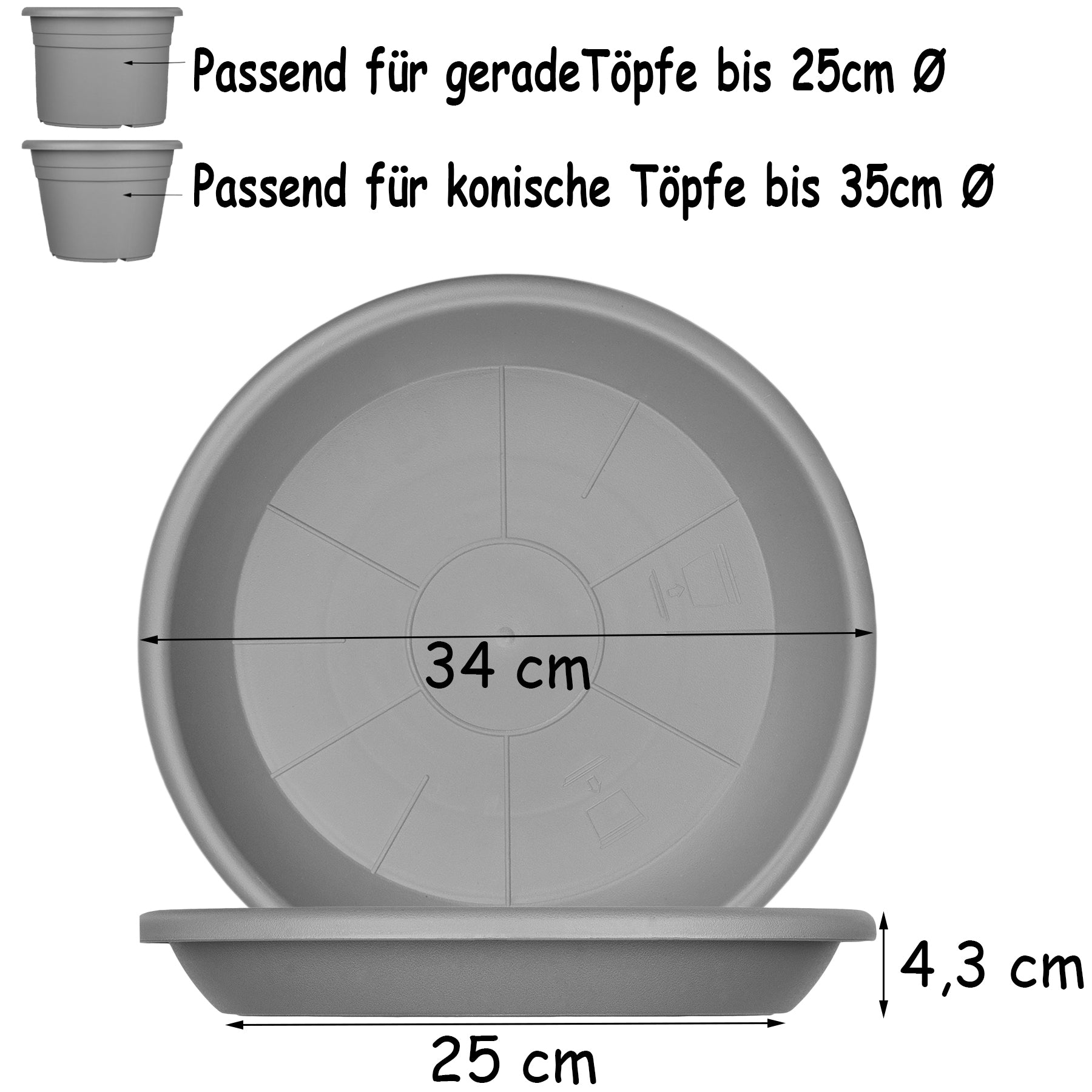 BigDean Untersetzer 34 cm 6er Set Anthrazit Blumentopfuntersetzer