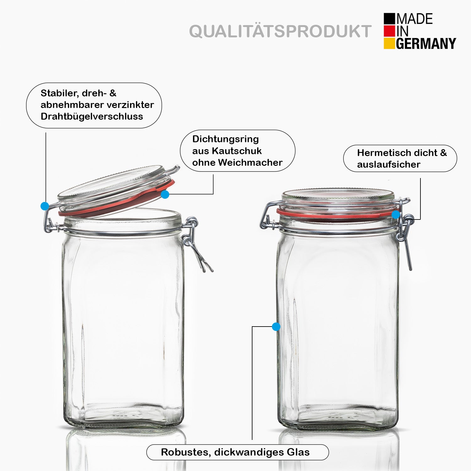 BigDean Vorratsgläser 1,5L Bügelgläser 4er Set eckig