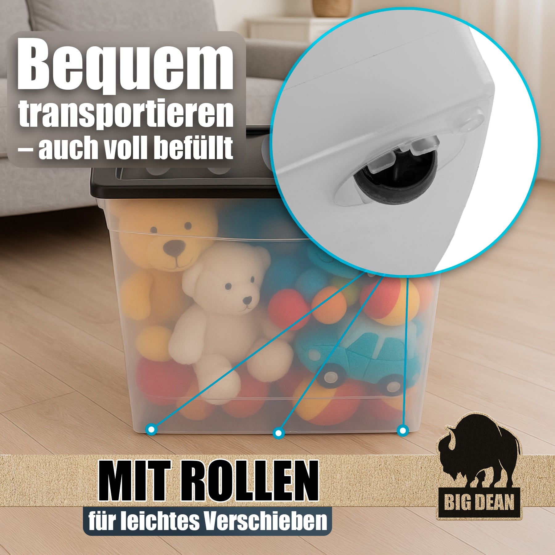 BigDean 3x Aufbewahrungsbox 80 L mit Deckel Rollen Transparent