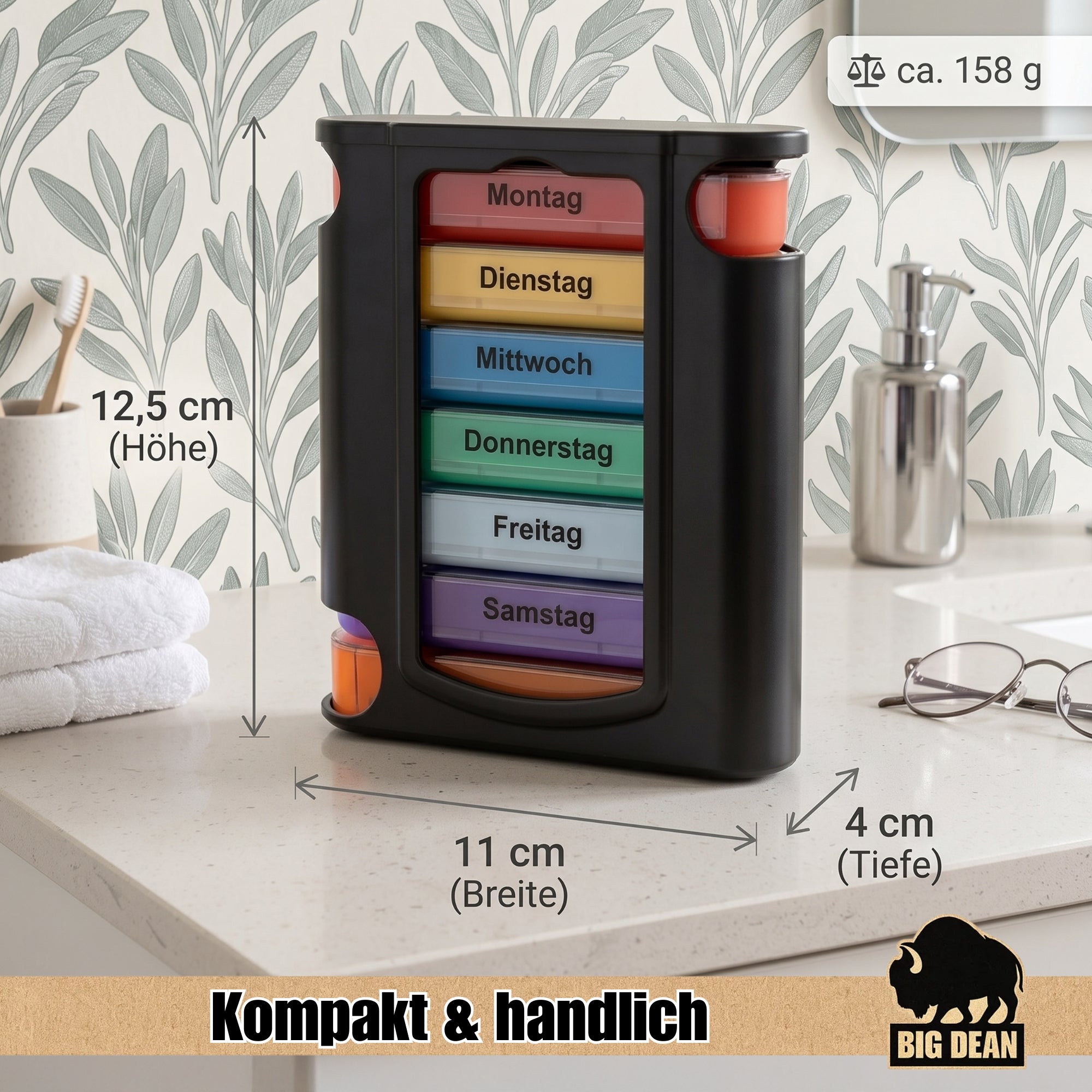 BigDean Haushalt Tablettenbox 7 Tage schwarz 10er Pack 4-Fächer