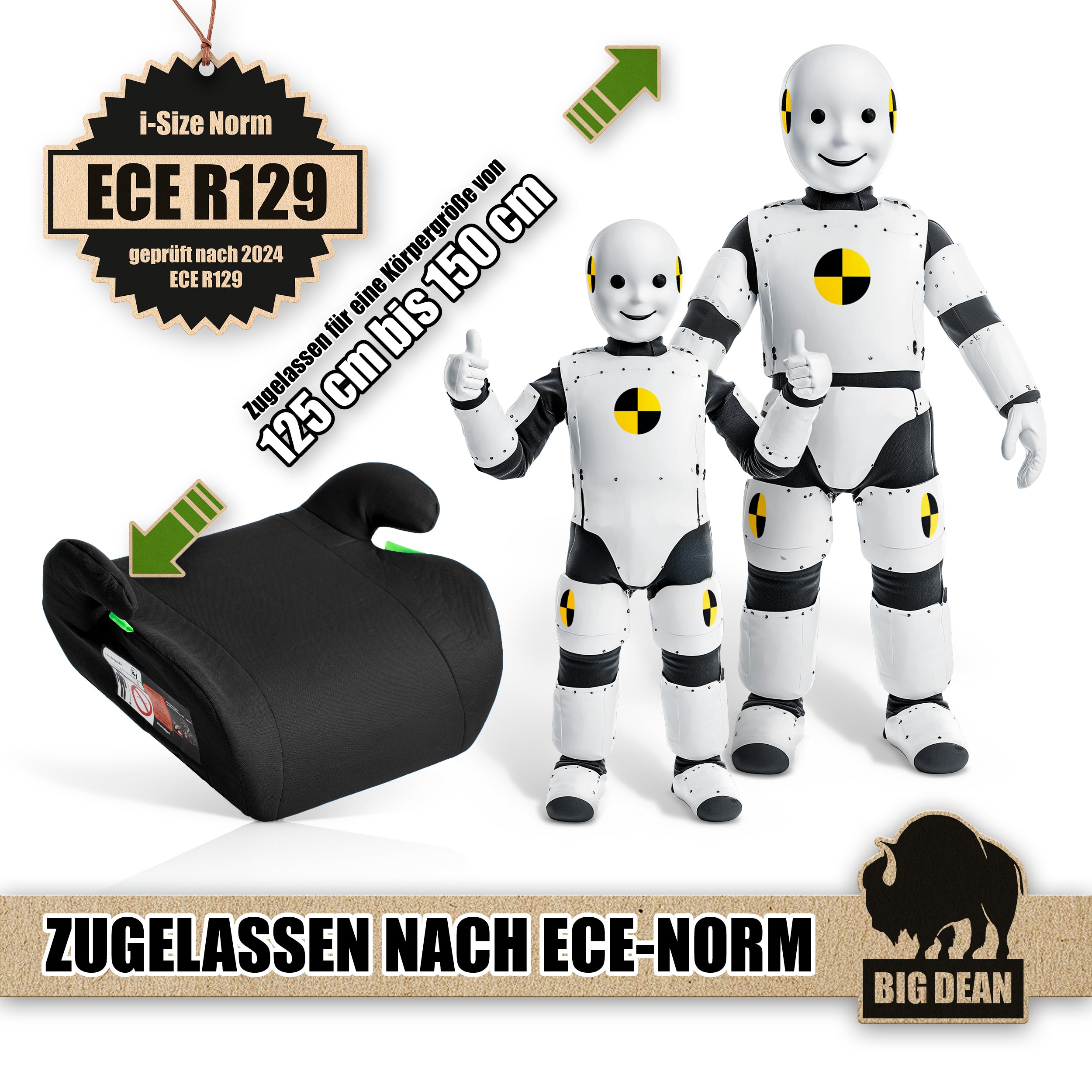 BigDean Sitzerhöhung i-Size R129 Schwarz 125-150 cm Auto Kinder