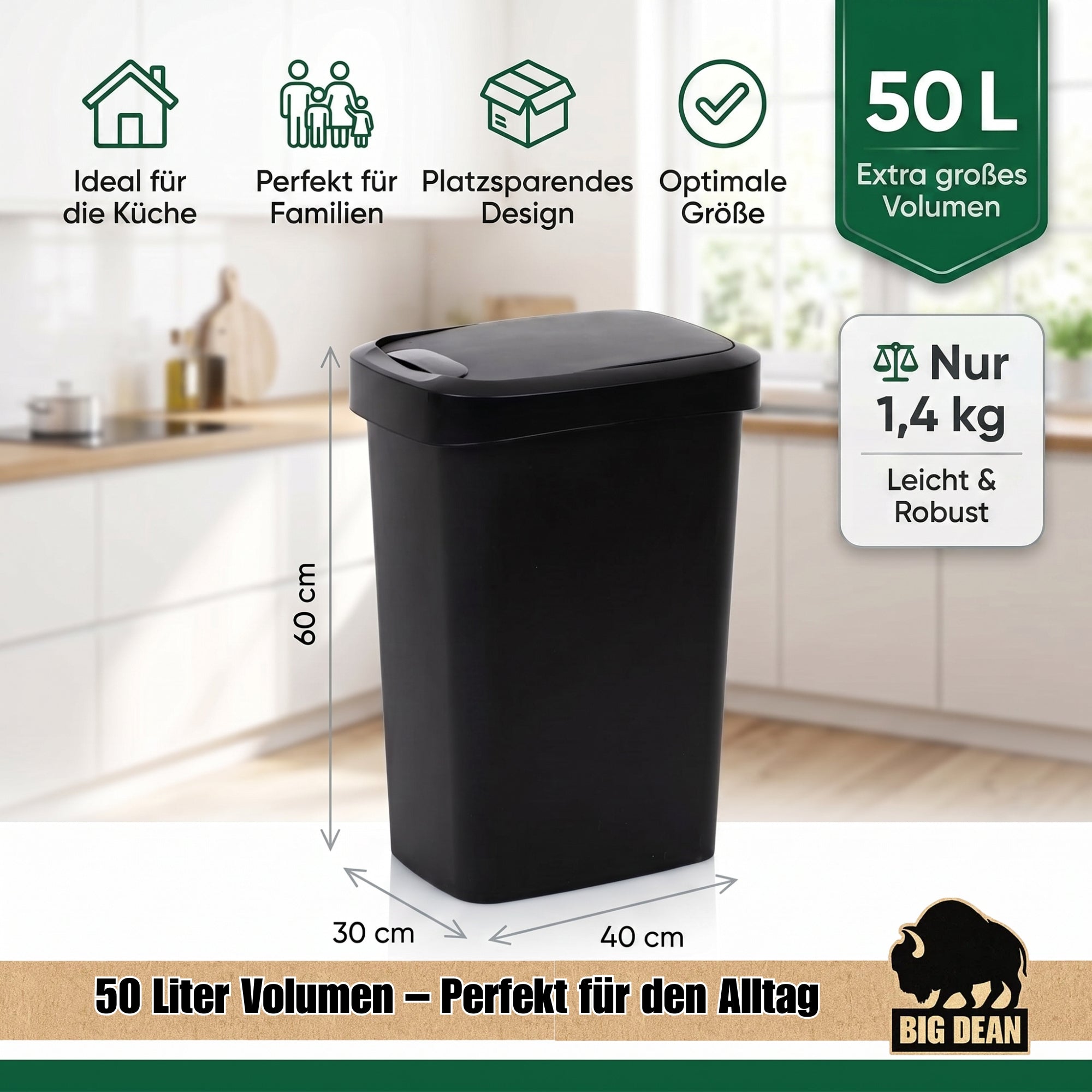 BigDean Mülleimer 50l mit Deckel Schwingdeckel Made in Germany
